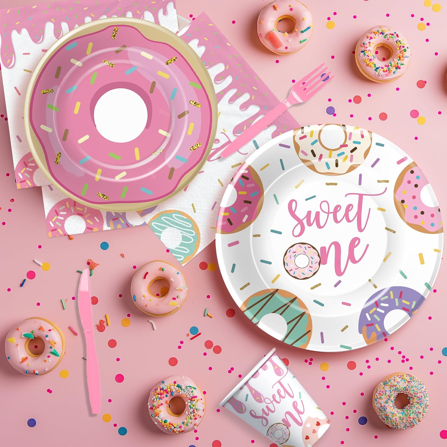 Xigejob Donut Sweet One Birthday Party Decorations Tableware For Girls First - Pink Donut 1st Birthday Party Supplies, Plate, Cup, Napkin, Cutlery, Tablecloth | Serves 24 - Image 4