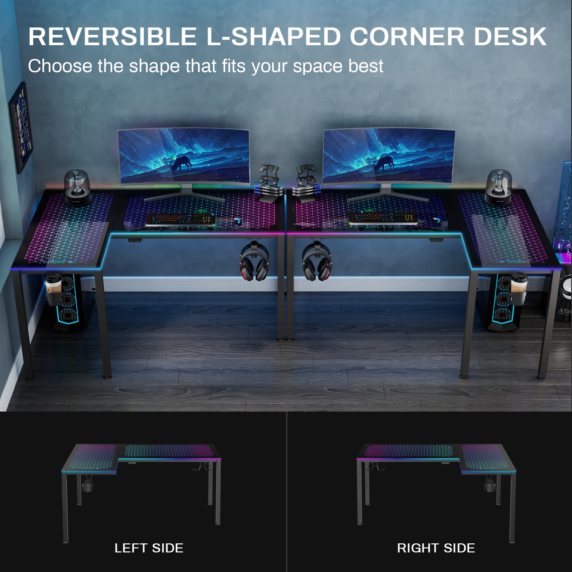 EUREKA ERGONOMIC 60" L Shaped RGB LED Gaming Desk, Music Sync Lights Up