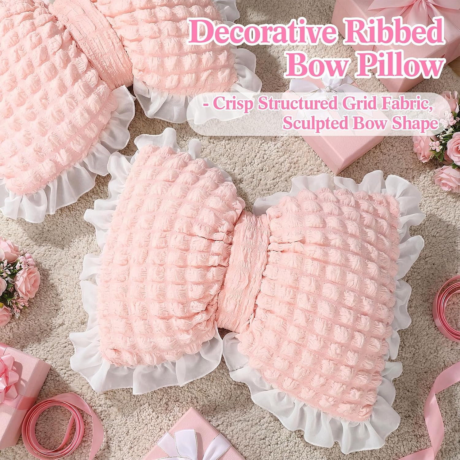 Yousoontic 2 Pcs Bow Pillows 15.7 * 12.6 in Coquette Throw Pillow Cute Bow Shaped Cushion Plush Lumbar Decorative for Girls Room Bed Sofa Couch Car(Puffy Velvet,Pink)