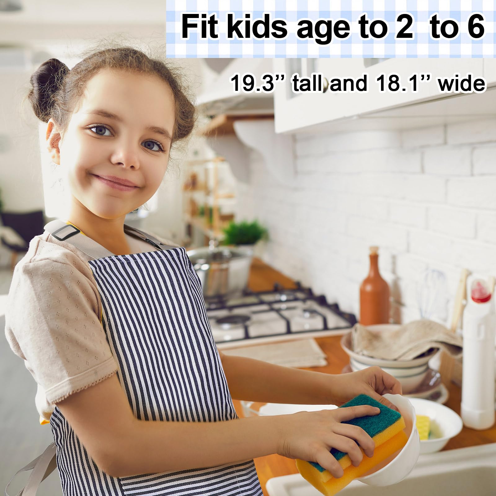 Newcotte Delantal de chef ajustable de algodón para niños y niñas, 8 piezas, con 2 bolsillos, delantal a rayas, delantales de cocina para niños y niñas, azul y marrón, Tiras grises y blancas, tiras