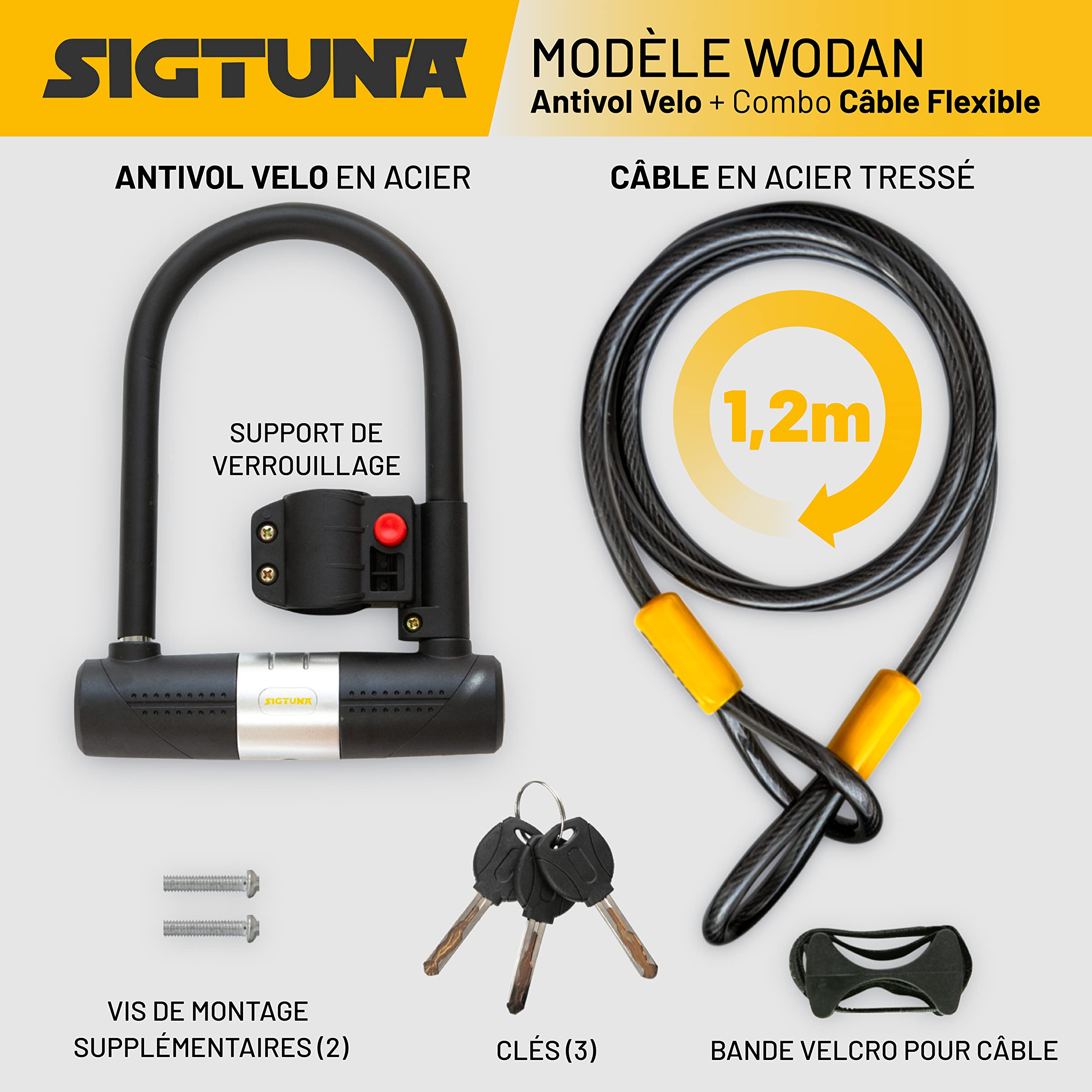 SIGTUNA Antivol Velo avec 1,2m Câble, 16 mm Robuste Antivol de Vélo et Support, 3 Clés de Haute Sécurité pour Vélo de Route, Vélo Pliant, Moto (Jaune)