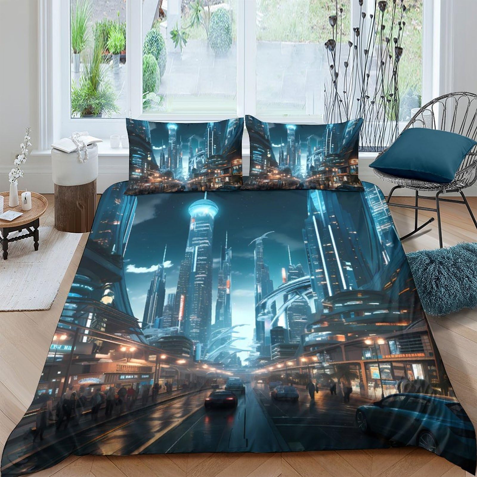 Ctjqhvkz Style-10 3D Printed Futuristic City Fitted Sheet Microfiber Anti-Slip Bedroom Decor Skyline Mattress Cover For Home Dorm Guest Room Single（135X200cm）