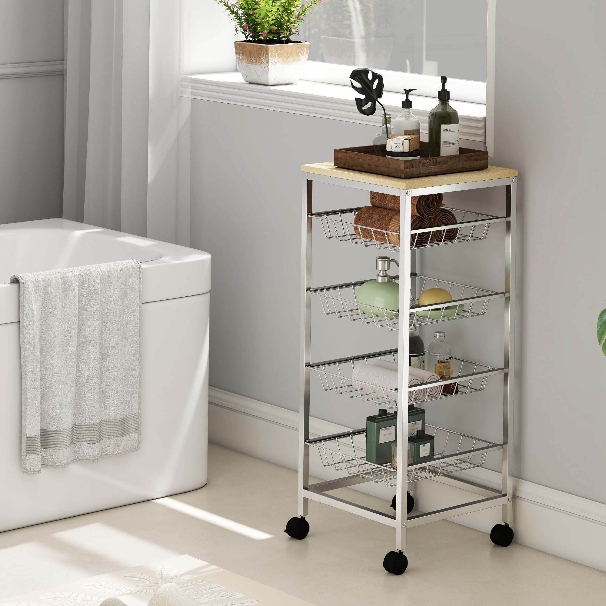 HOMCOM Carro Múltiusos de Cocina Baño con Ruedas 5 Niveles Carrito de Servicio Isla de Cocina Marco de Acero Carrito Auxiliar Verdulero Frutero Carga 20 kg para Salón 36,5x36,5x89 cm Plata