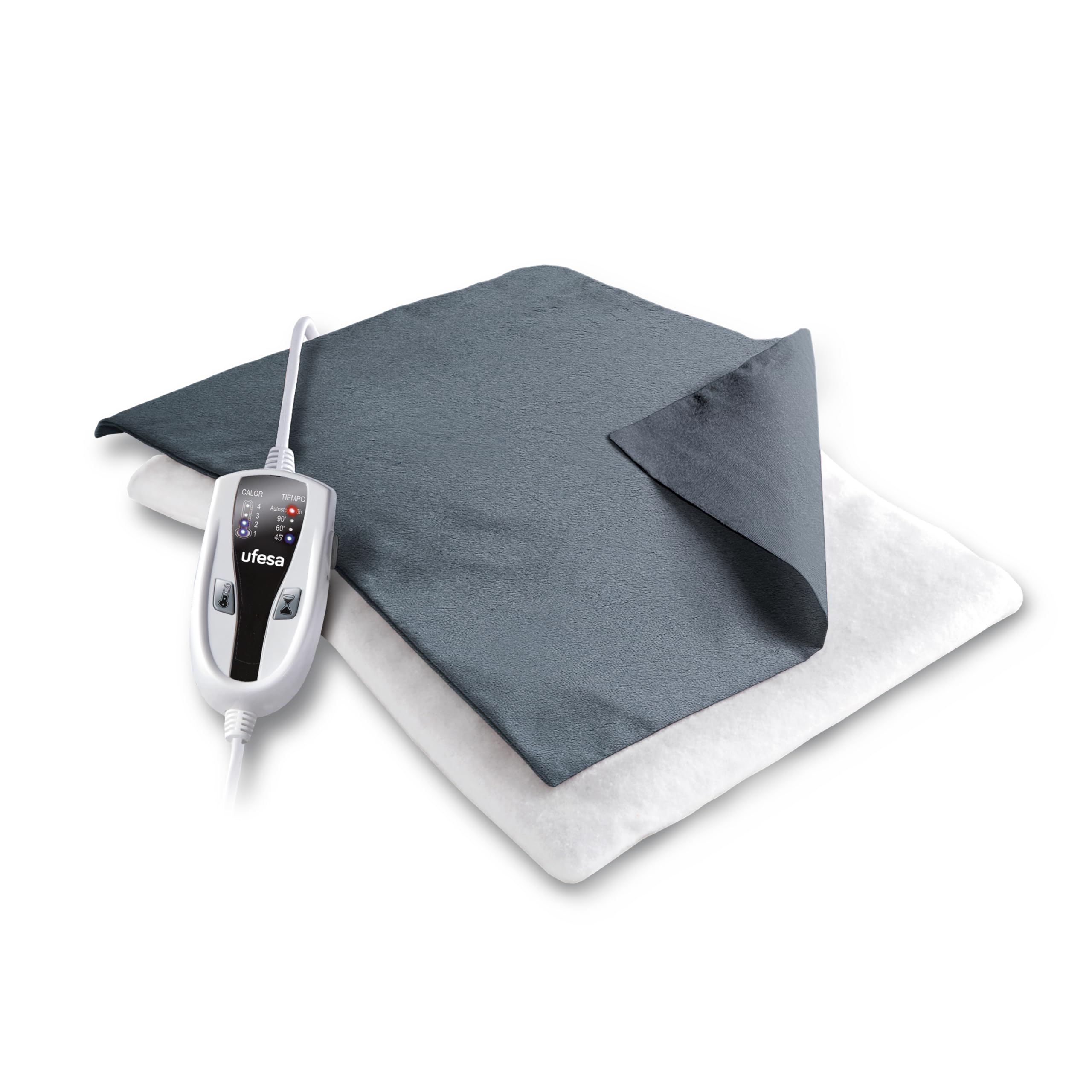 Ufesa 2PH - Cuscinetto termico elettrico, 46 x 34 cm, 100 W, 4 livelli di temperatura, timer, spegnimento automatico, custodia in tessuto grigio