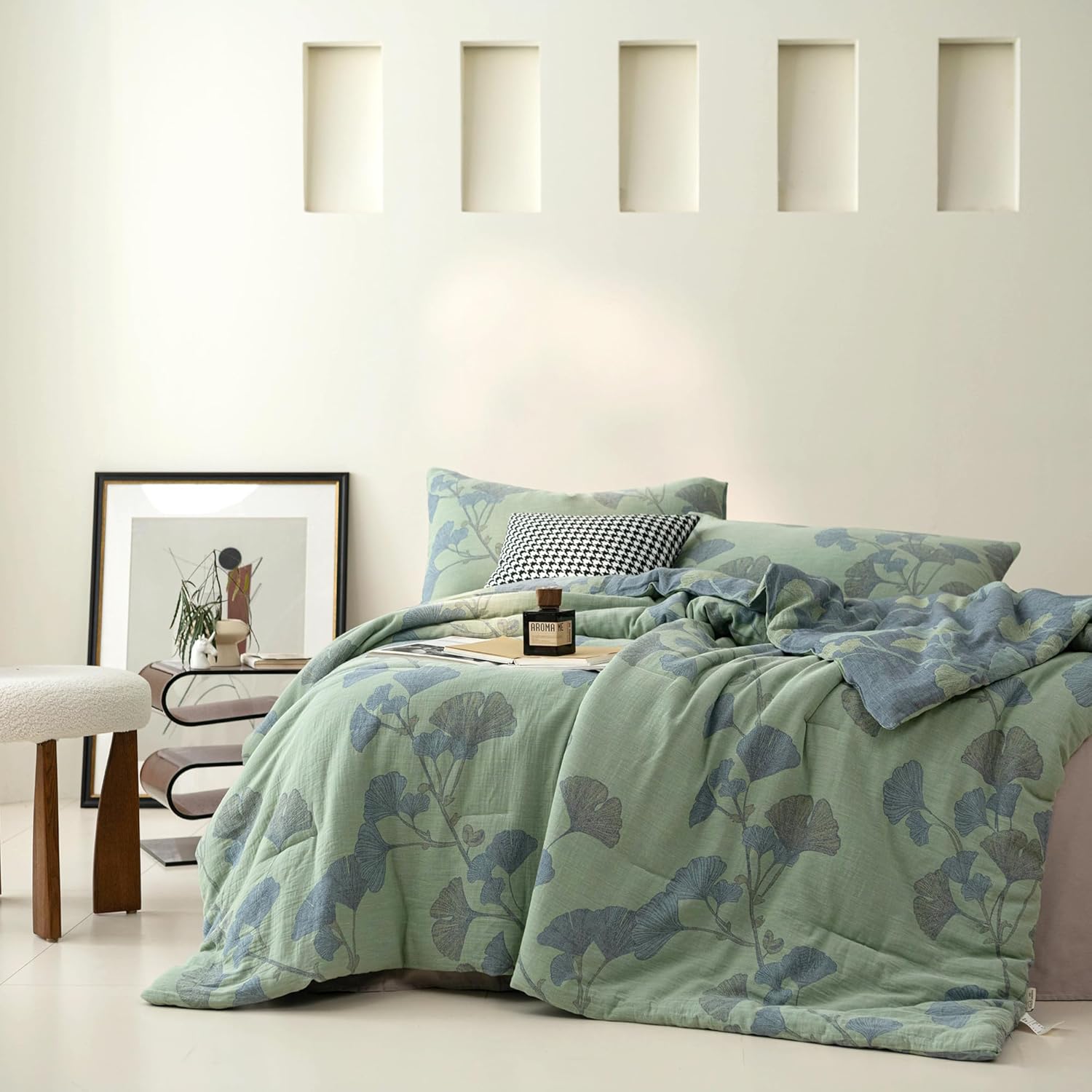 100% Cotton Muslin Jacquard Comforter Set, Floral Ginkgo Leaves Print, Soft Lightweight Reversible 3 Piece Bedding Sets for All Season, Green Blue, King(104"x90") - Image 5