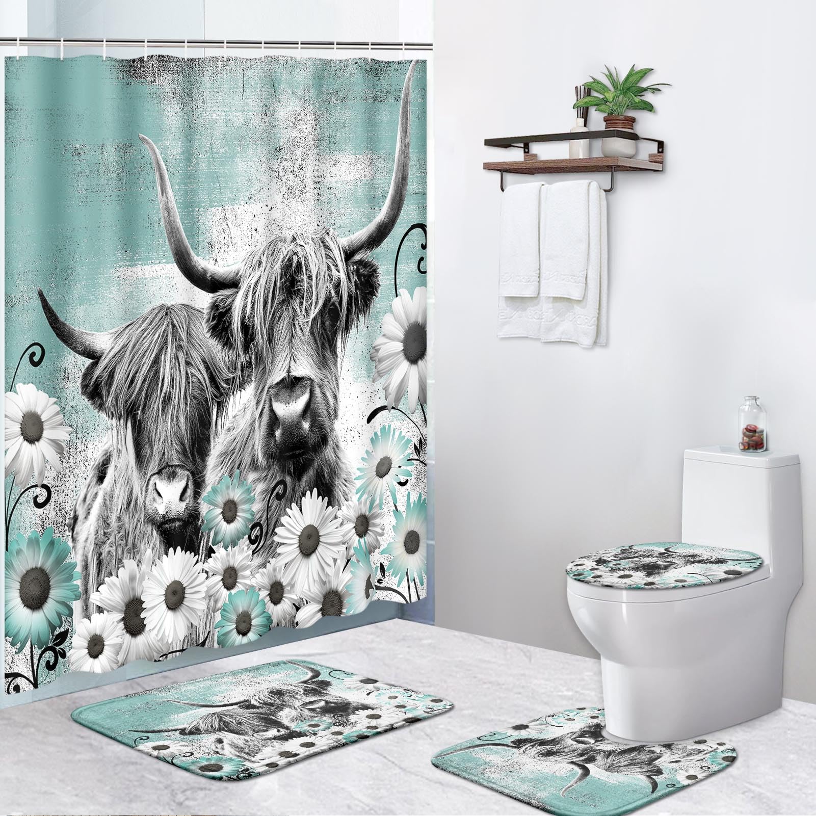 Bribay 4 Piece Shower Curtain Set, Buffalo Bull Farm Daisy Waterproof Bathroom Set Accessories with Non-Slip Rugs, Toilet Lid Cover Bath Mat and 12