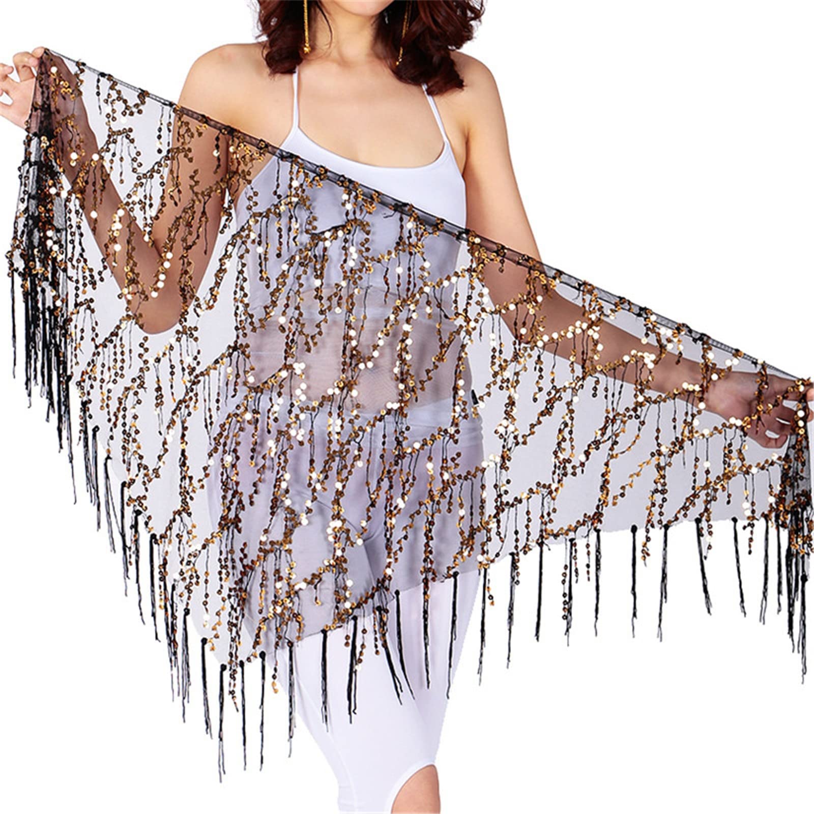 QUNINE Women's Belly Dance Belt Hip Scarf Belly Dance Costumes Sequins Tassel Belly Dance Hip Scarf for Women (Gold One Size)
