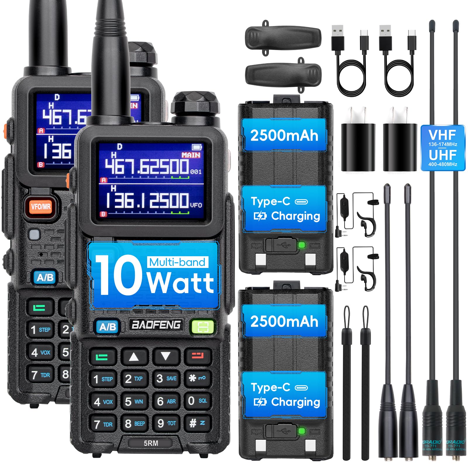 BAOFENG 5RM Ham Radio 10W High Power, VHF/1.25M/UHF, 8 Bands Long Range Two Way Radio Handheld, NOAA, Frequency Copy, 999CH,USB C Charging 2500mAh Battery,6.1