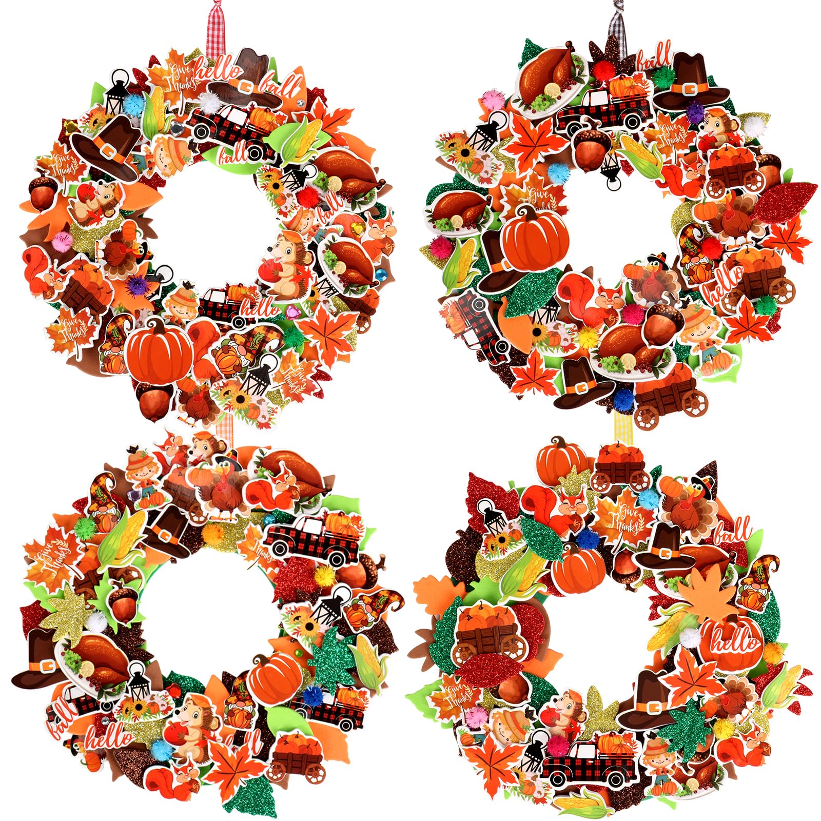 12 Sets Thanksgiving Wreath Decorations, Thanksgiving DIY Foam Wreath Signs Fall Craft Kit Turkey Maple Leaves Pumpkin Foam Stickers for Kids Fall Thanksgiving Harvest Classroom Home Activity