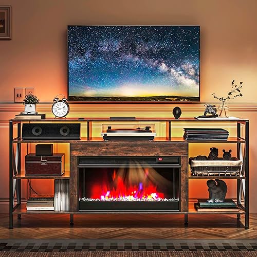 Miniatura 25 de TC-HOMENY Soporte de TV de 60 pulgadas con chimenea eléctrica de 27.5 pulgadas, consola de TV con regleta de alimentación para televisores de hasta