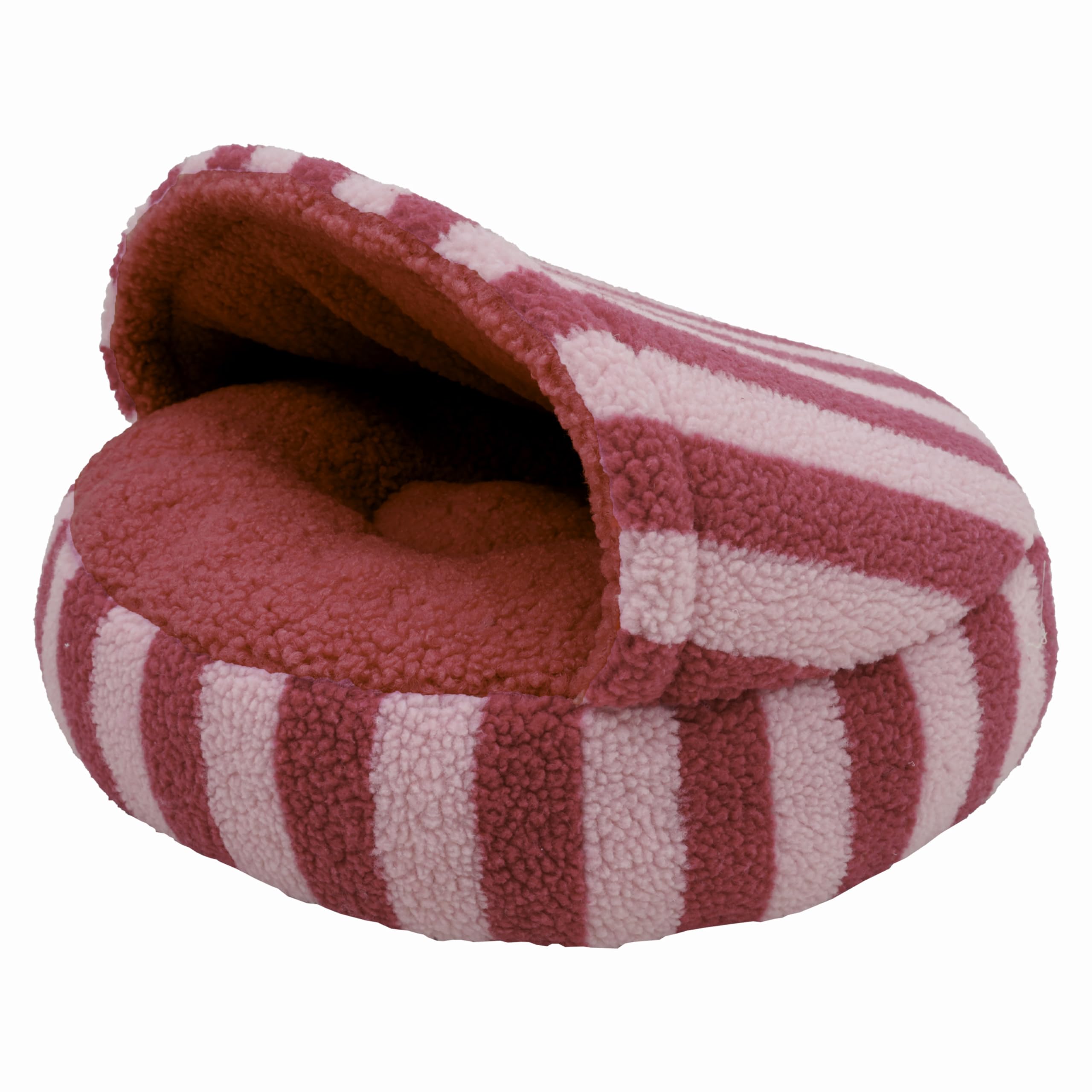 Rosewood Pink Stripe Sherpa Cat Bed – 2-in-1 Hideaway & Open Lounge Spot, Soft Boucle Interior, Cosy Hooded Cave Bed with Non-Slip Base, Machine Washable, 40cm
