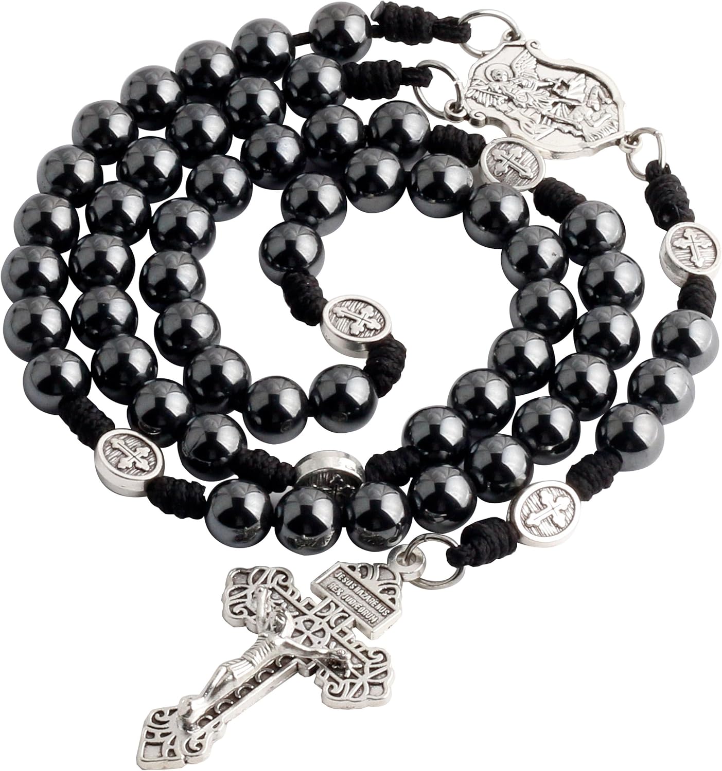 HanlinCC 10mm Hematite Stone Beads Handmade Saint Michael Paracord Rosary Necklace for Men and Women - Image 5