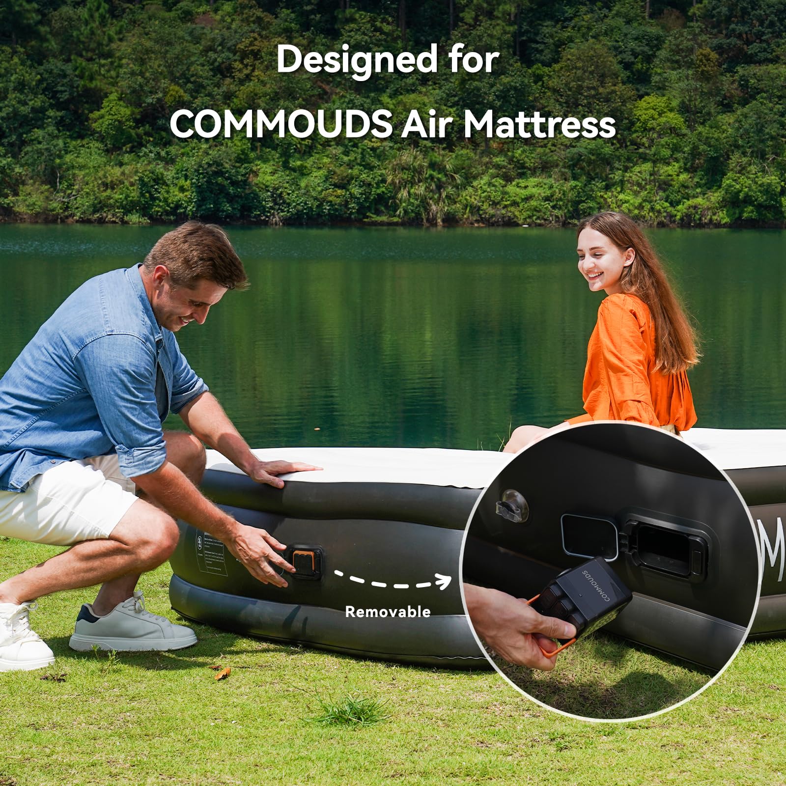 COMMOUDS Pompe à matelas gonflable, 2400 mAh, rechargeable, pour matelas gonflable, flotteur, piscine gonflable, bouée, jouets de plage, comprend 3 buses, câble de type C