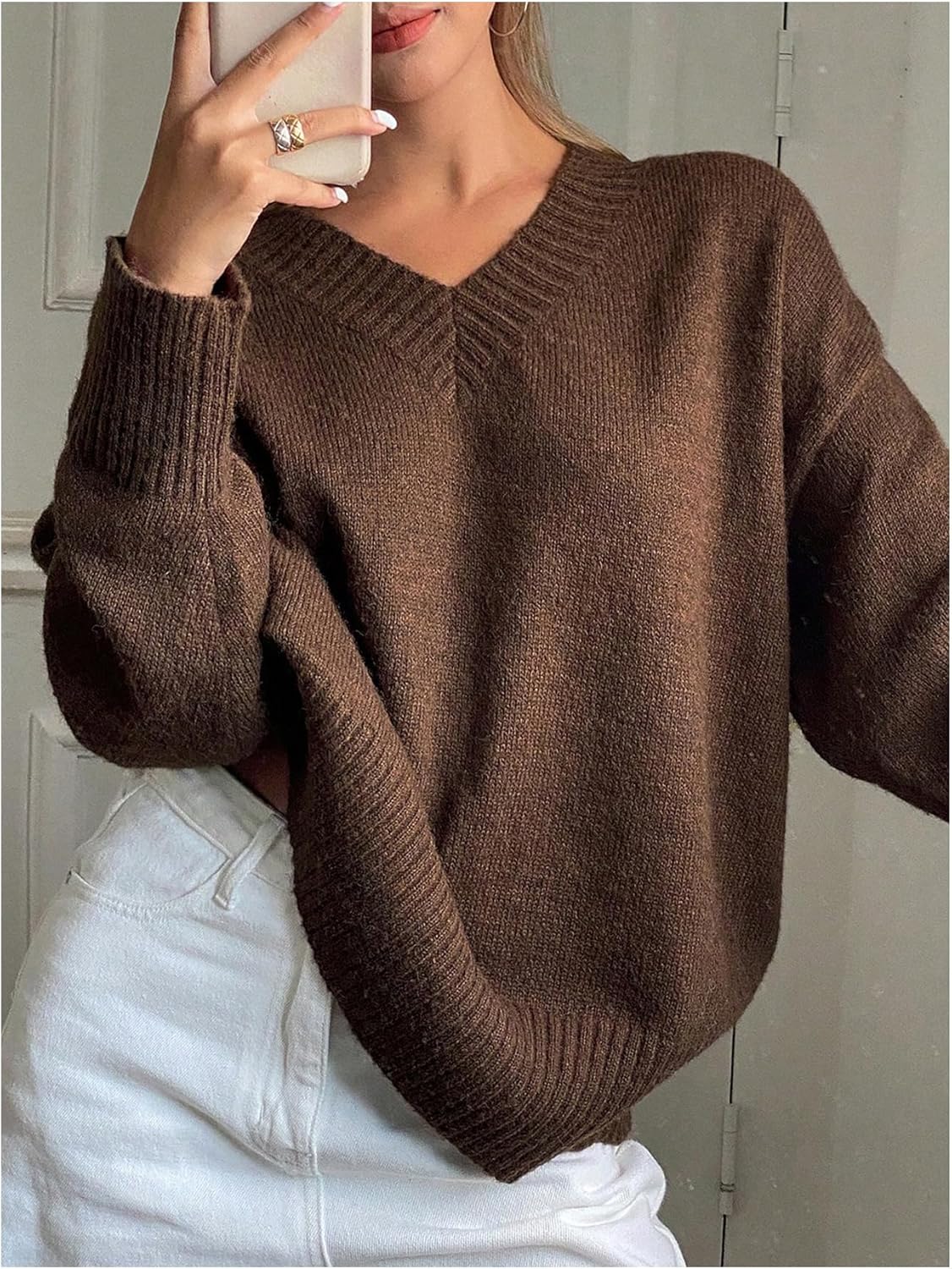 Women's Oversized Fall Sweaters Long Sleeve V Neck Loose Elegant Knit Trendy Drop Shoulder Pullover Tops - Image 2