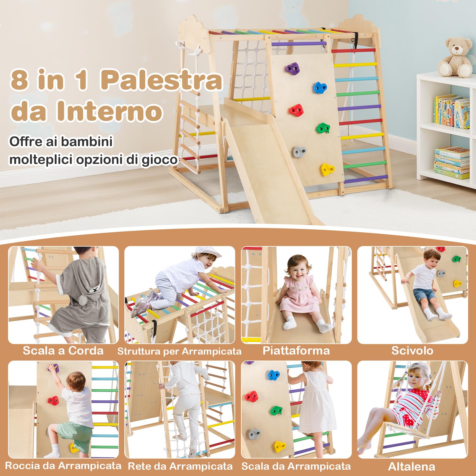 COSTWAY 8 in 1 Set da Arrampicata per Bambini, Palestra in Legno da Interno con Sbarre Scivolo Altalena Scala in Corda e Roccia/Rete da Arrampicata, per Bambini 3 Anni+ (Colorato)