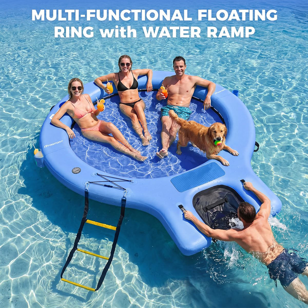 Plateforme Gonflable Flottante Sunchill Rond 240 cm avec Rampe pour Chiens, Hamac Flottant Piscine pour 3 à 5 Personnes, Îlot Flottant Antidérapant avec Échelle, pour Piscine, Plage et Mer