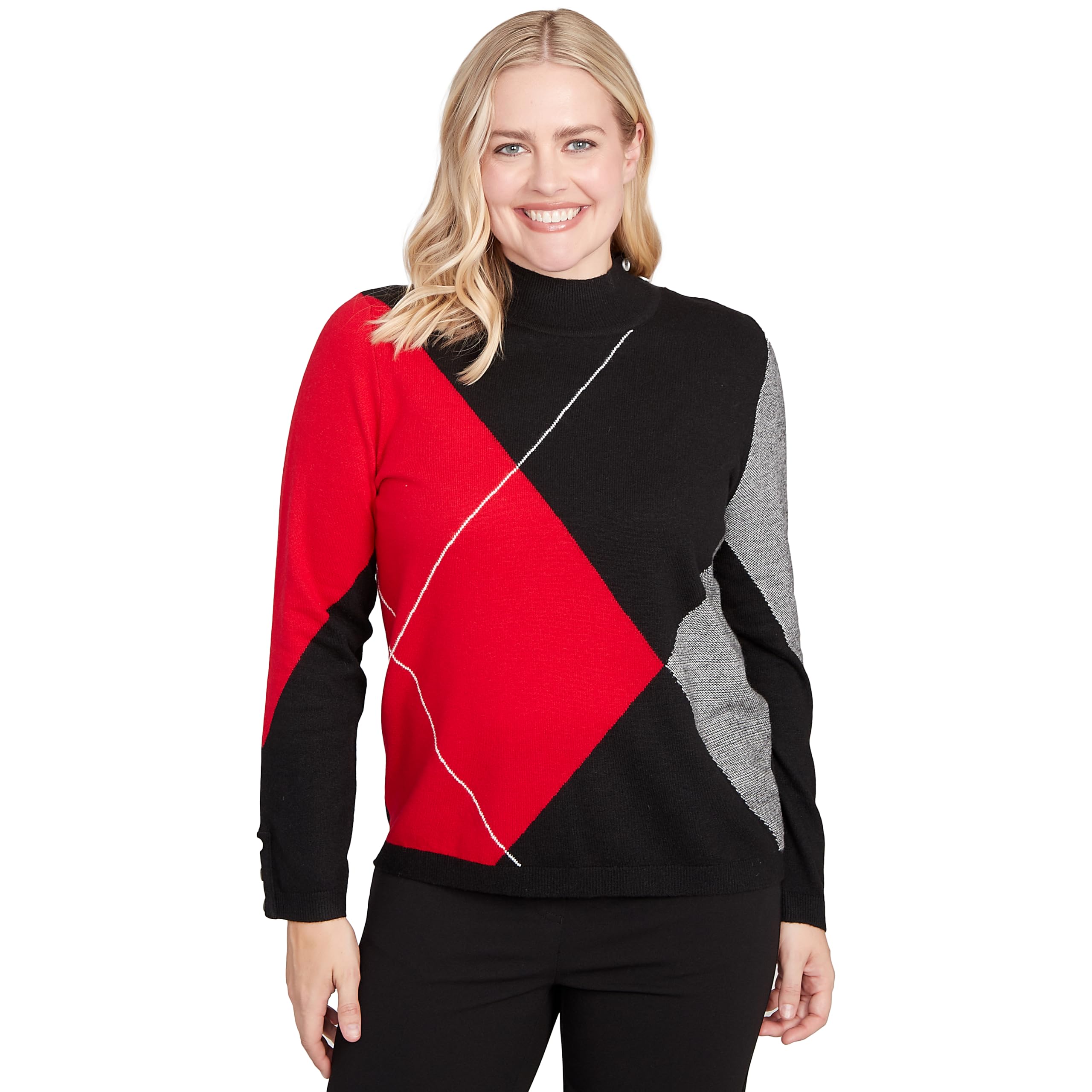 Alfred Dunner Womens Exploded Argyle Mock Neck Sweater