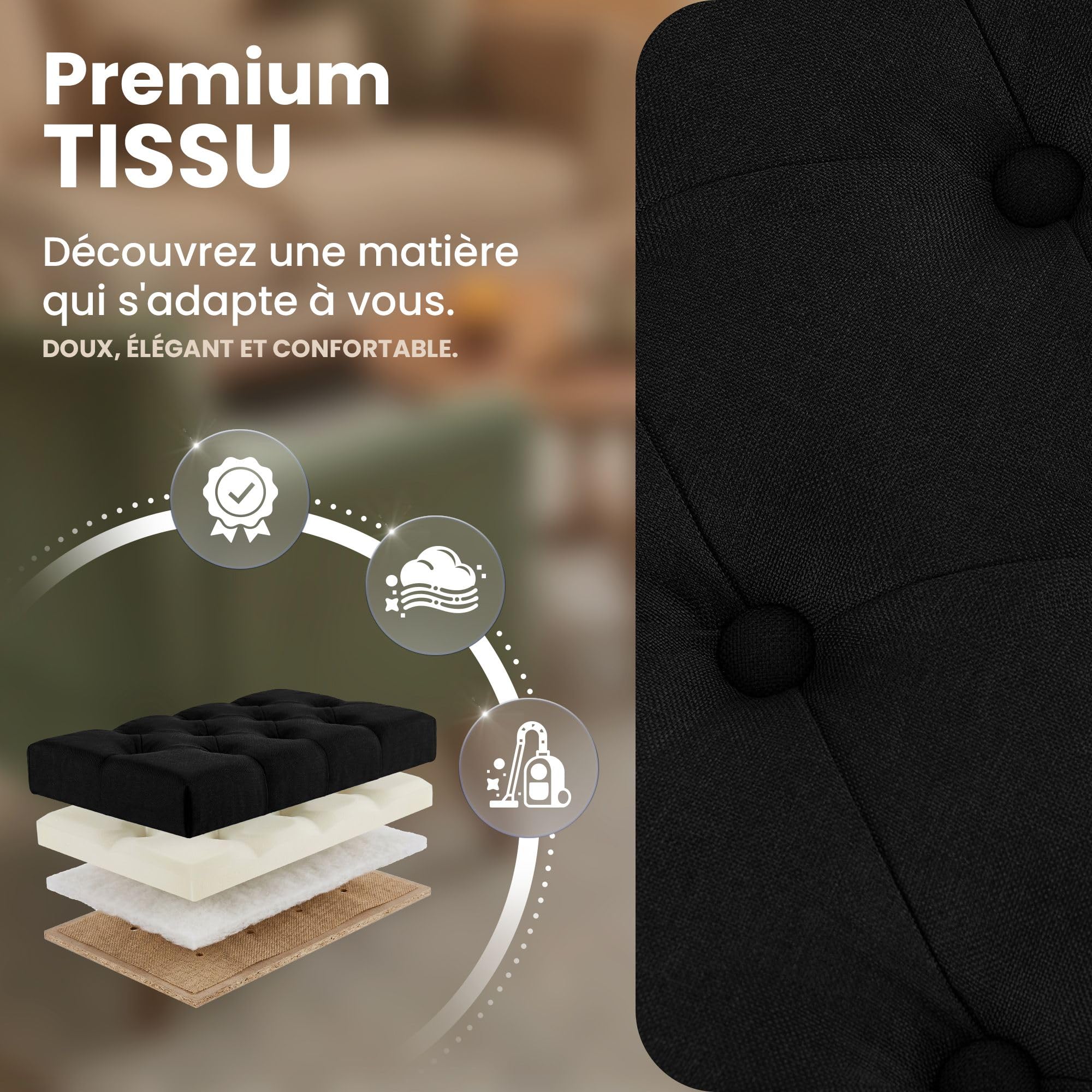 CLP Banc d Entree Amun en Tissu, Banc Rembourre en Metal Noir thermolaque, Robuste, pour Chambre, Vestibule et Dressing Couleur Noir Taille 150 cm