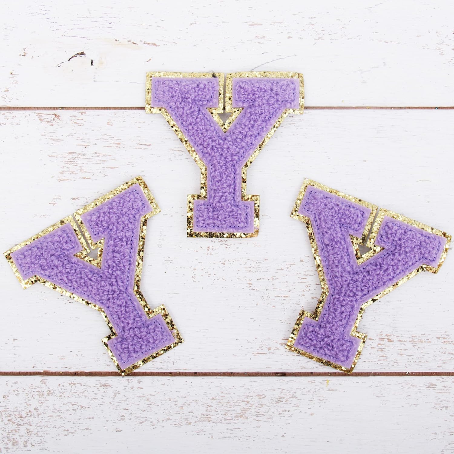 3 Pack Chenille Iron On Glitter Varsity Letter 5cm Tall "Y" Patches - Lavender Chenille Fabric with Gold Glitter Trim - Sew or Iron on - 5CM LAV Y