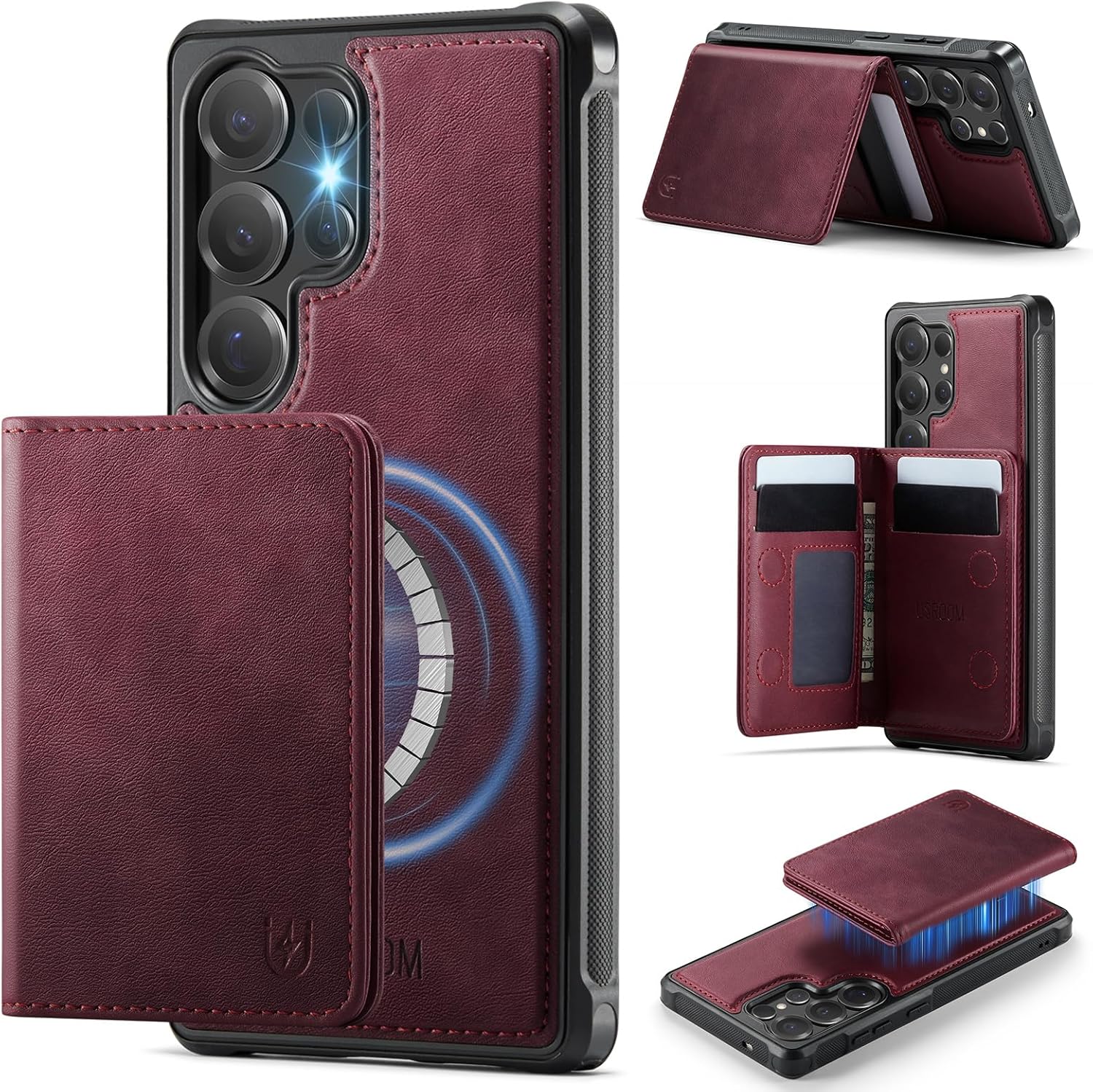 Compatible with Magsafe for Samsung Galaxy S25 Ultra Wallet Case Magnetic Card Holder, RFID Blocking Detachable Kickstand Slim Phone Cover for Women Men, Burgundy for Galaxy S25 Ultra - 6.9" Vintage Burgundy
