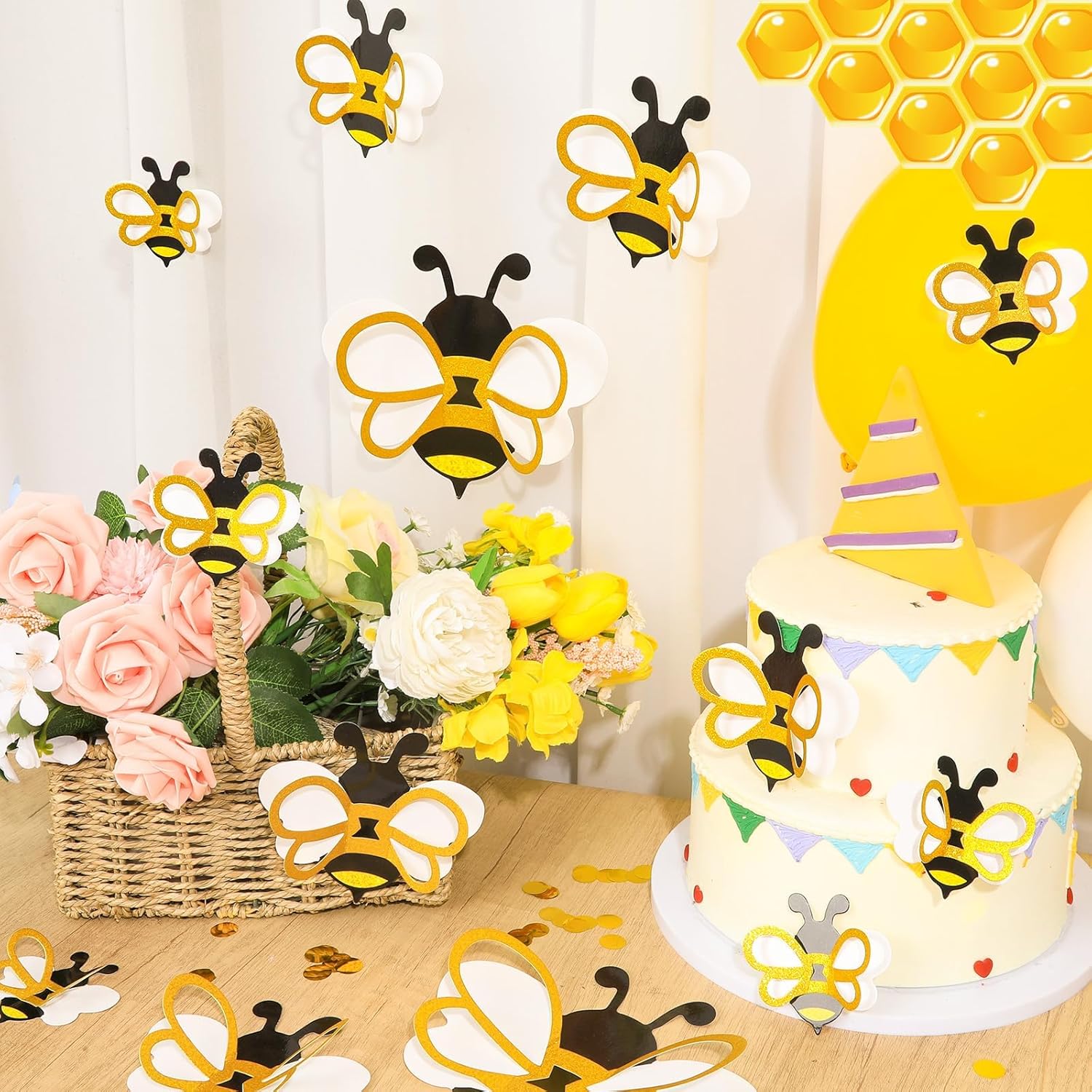50 Pcs 3D Glitter Bee Decoration Spring 5Sizes Honey Bumble Wall Decals Large Bee Bulletin Board Cutouts with Shimmering Wings for Birthday Party Baby Shower Back to School Classroom Home Office Decor