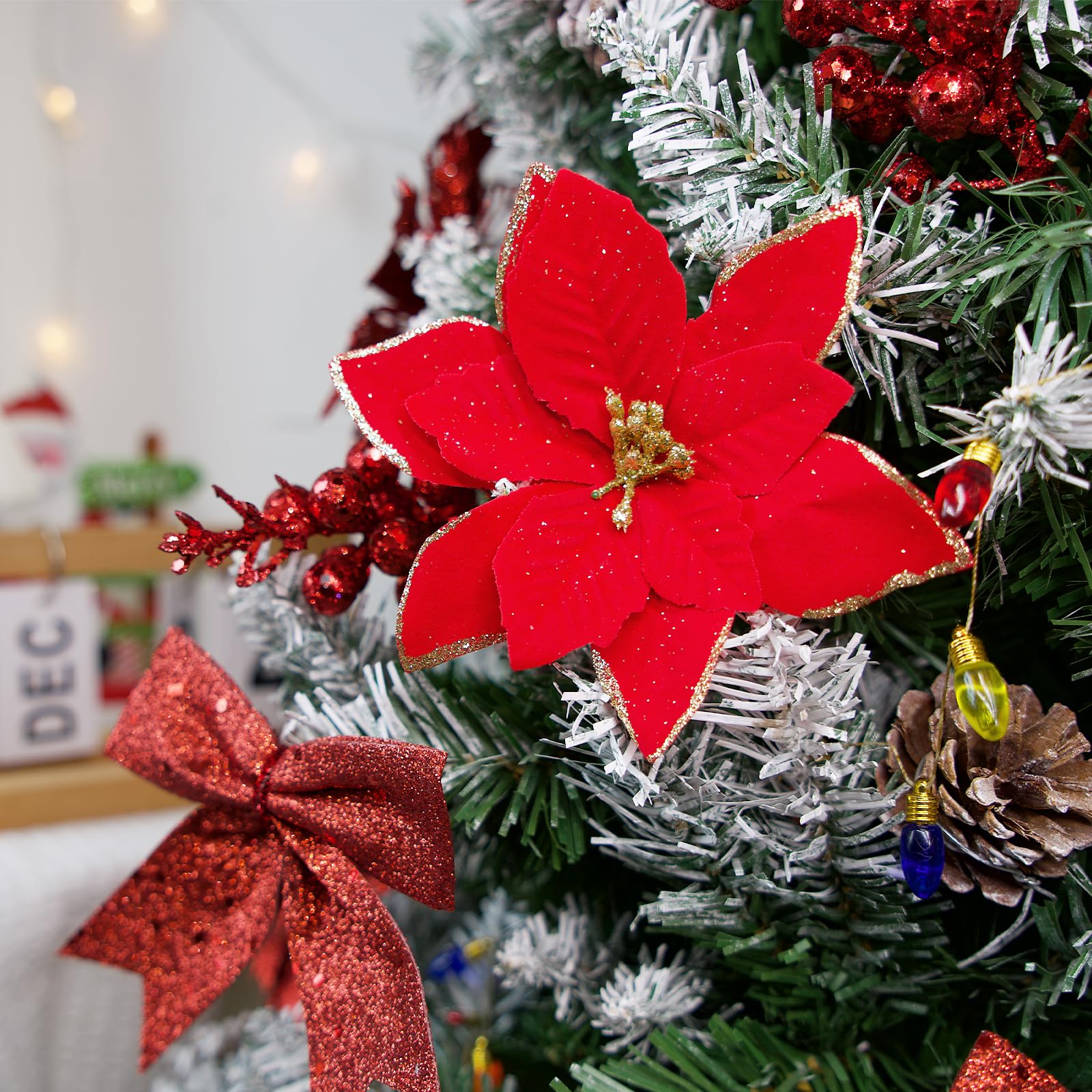 30pcs Fleurs De Noël Poinsettia Glitter Avec Tiges De Baies Et Noeuds - Décoration Sapin Scintillante