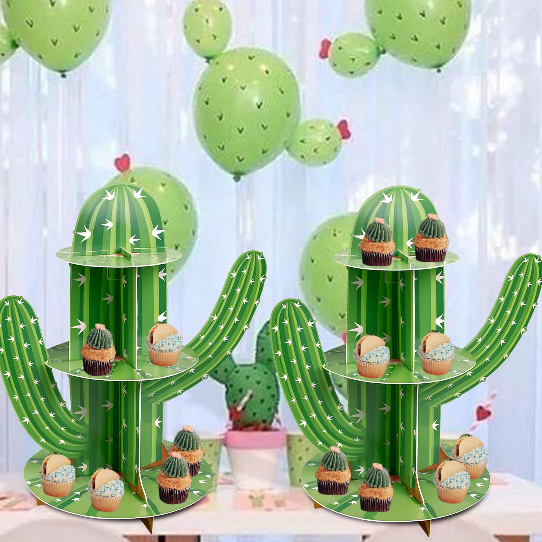 Soporte para cupcakes de cactus de 3 niveles, soporte para cupcakes con forma de cactus verde para suministros de fiesta mexicana, decoraciones de fiesta de taco, recuerdos de fiesta del Cinco