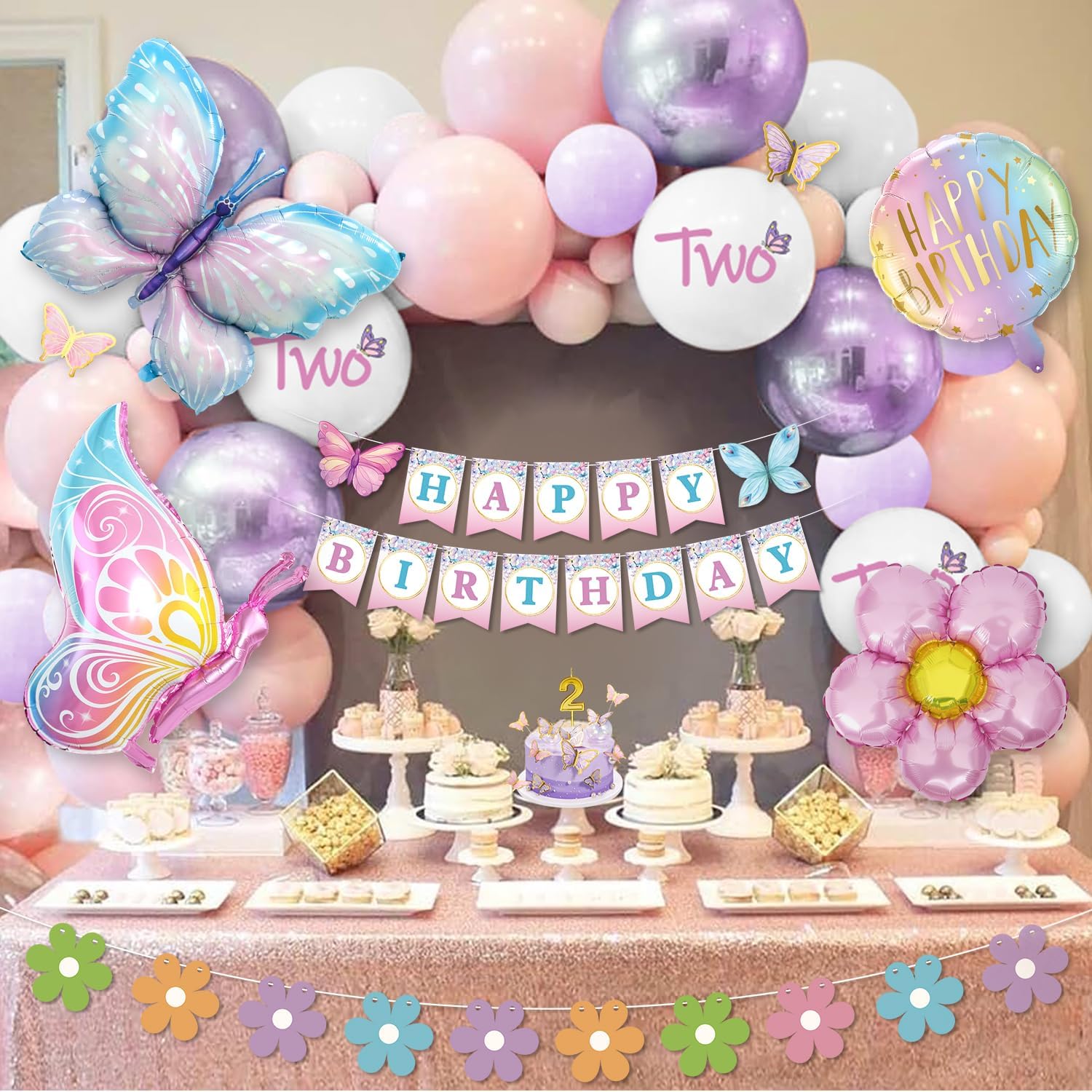 Birthday Balloons 2 Years, Purple Pink Birthday Balloons, Birthday Decorations 2 Years, Set with Butterfly Foil Balloons, Happy Birthday Banner, Number 2 Balloon, Butterfly Stickers