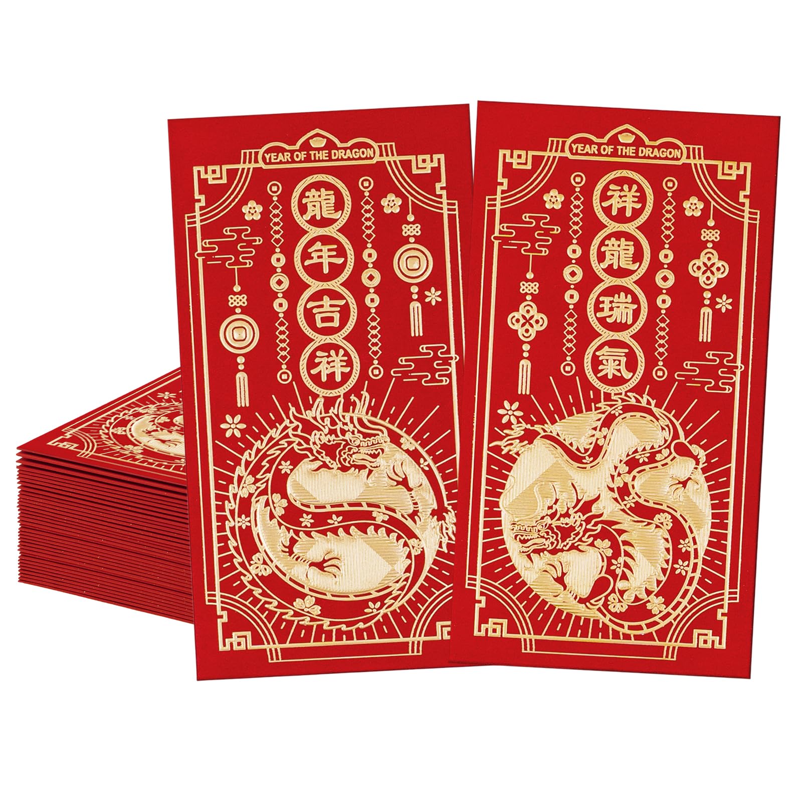 Chinese New Year Red Envelopes, 36-Count Hong Bao, Dragon Designs, Gift Money Envelopes