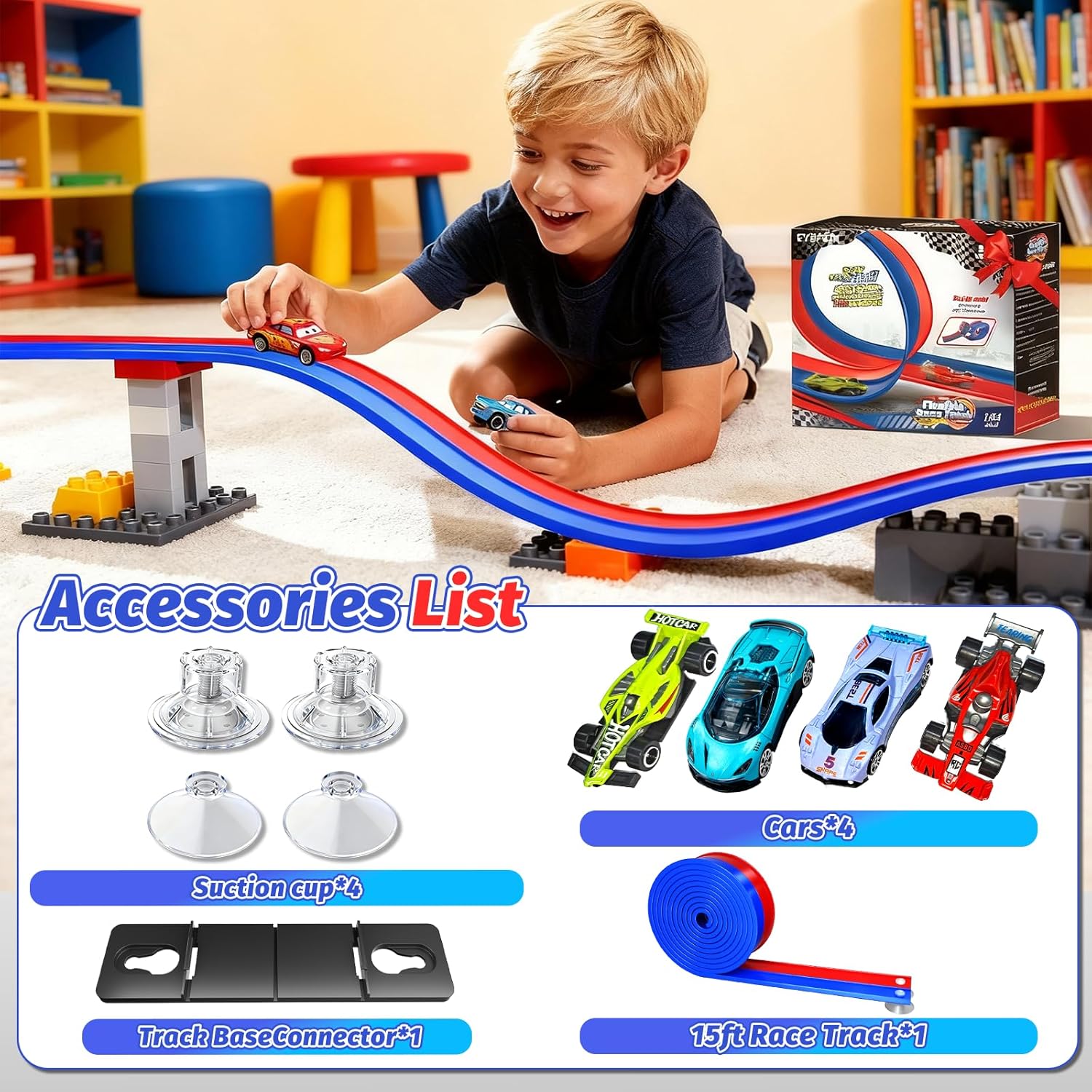 ダブルレーン レースカー トラック 吸盤付き ポータブル フレキシブル ロールアップ レーストラック ブルーとレッド 食器洗い機内蔵