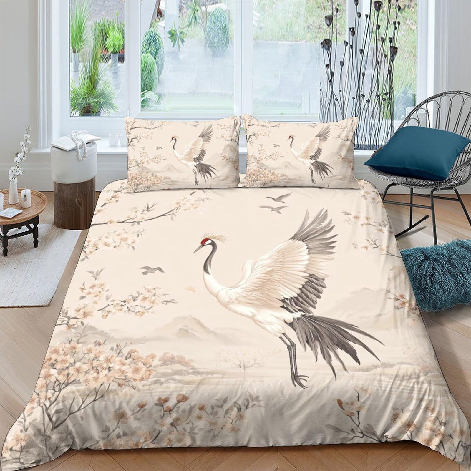 Ctjqhvkz Style-9 3D Printed Crane Landscape Fitted Sheet Microfiber Soft Non Slip Bed Cover Bedroom Decor Machine Washable Single（135X200cm）