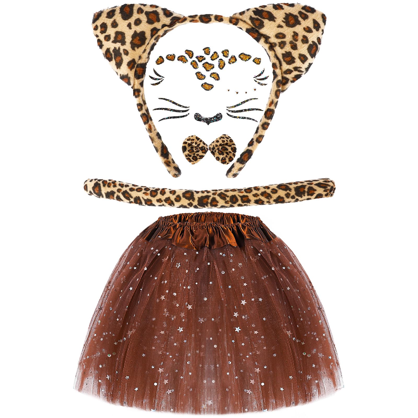 Hifot Juego de 4 Disfraz de Gato Niña,Leopardo Diadema Orejas de Gato Pajarita Cola Tutu Pegatinas Temporales Leopardo,Niña Disfraz Gato Niño Animal Disfraz Halloween Niña