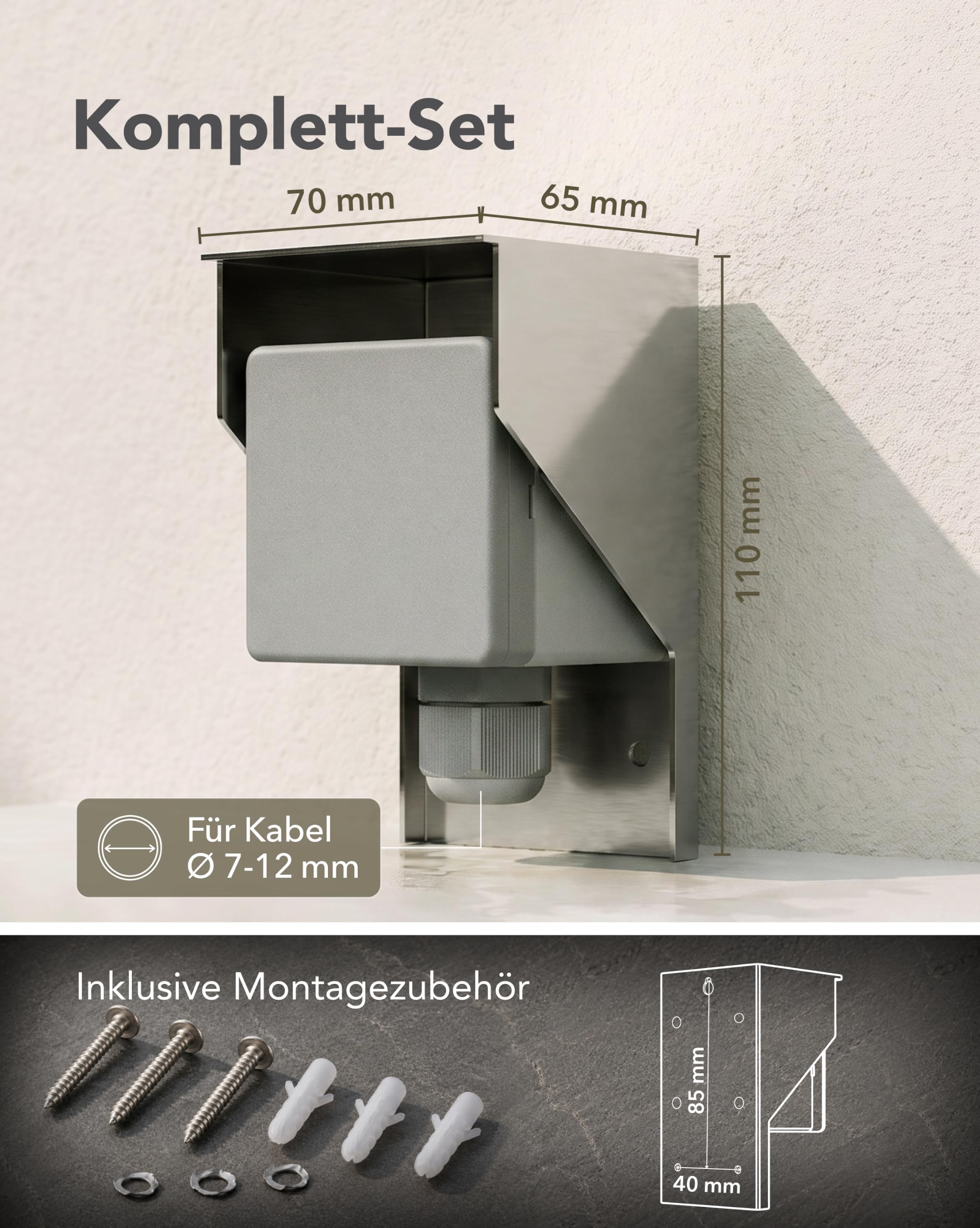 ledscom.de 2x Aufputz Steckdose PIWI für außen und 2m Kabel, IP44, 1-fach, edelstahl