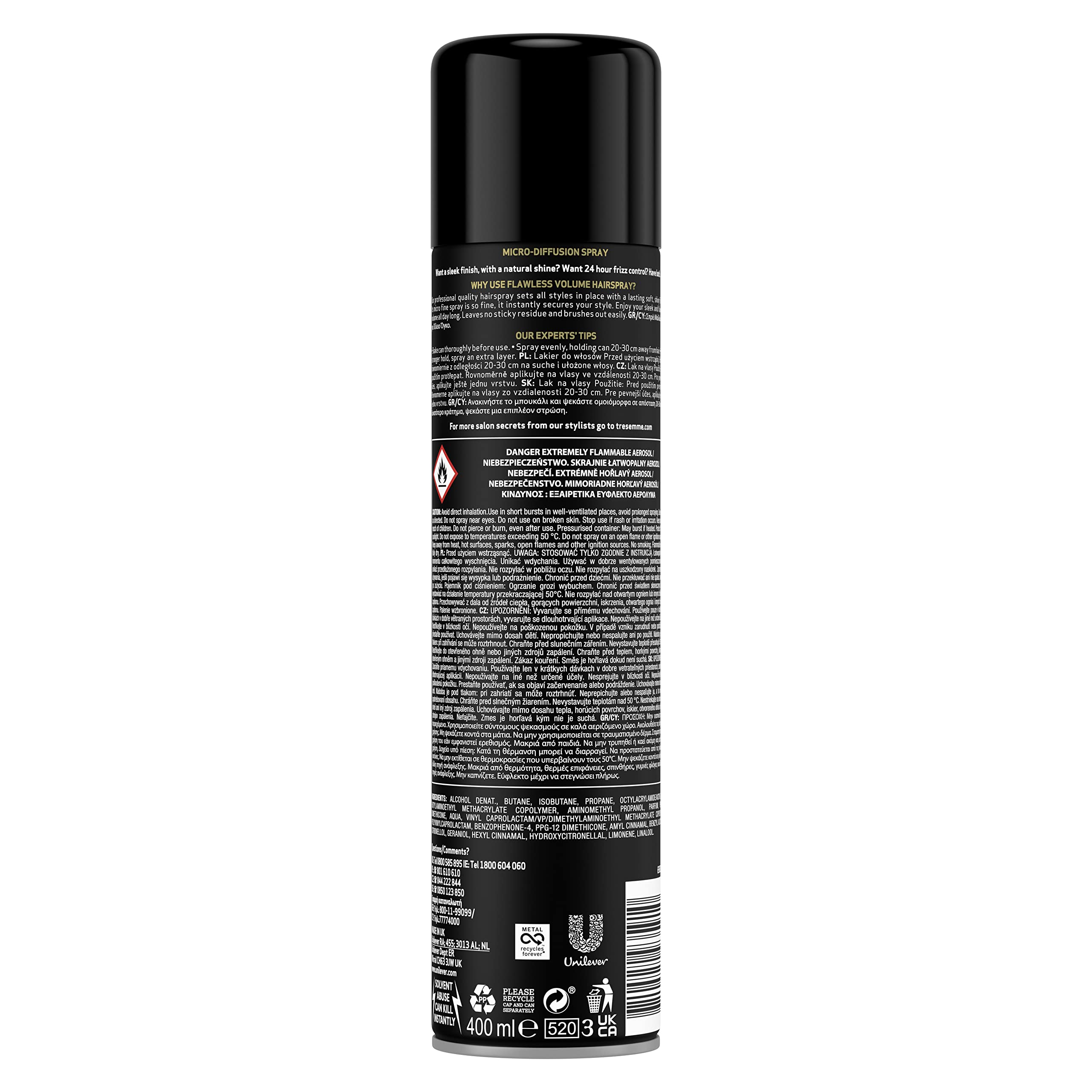 Tresemme Flawless Volume Lot de 6 laques anti-frisottis 24 heures pour un style élégant et volumineux 400 ml