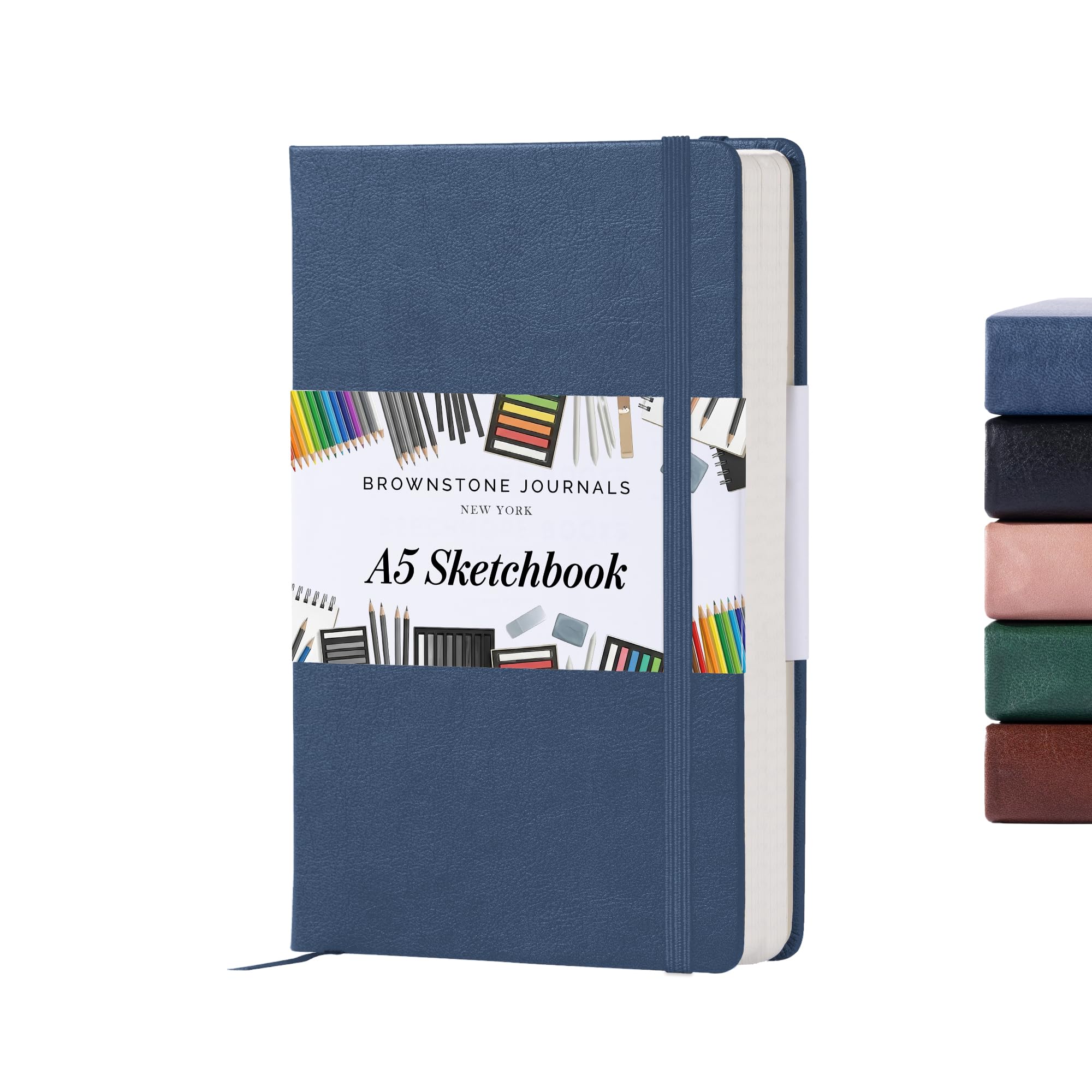 Brownstone Journals Symphony Blue A5 Sketch Book Hardcover - 80 Sheets 100 Gsm Paper 5"X8", Lay Flat, Vegan Leather Cover, Elastic Band, Back Pocket, Art Drawing Book (Symphony Blue)