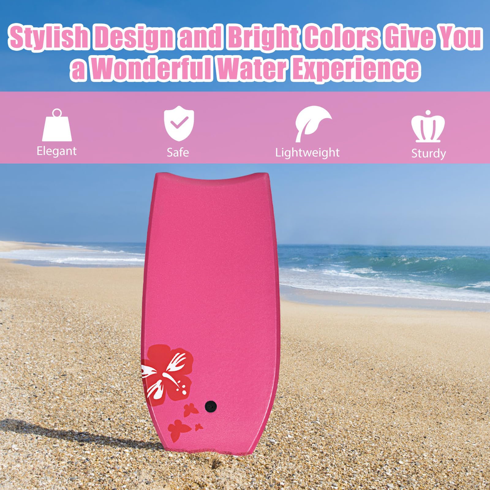 HOMASIS Tavoletta da nuoto con corda, bodyboard portatile, con motivo floreale, tavola da surf per adulti e bambini dai 14 anni in su, 105 x 51 cm, rosso rosa