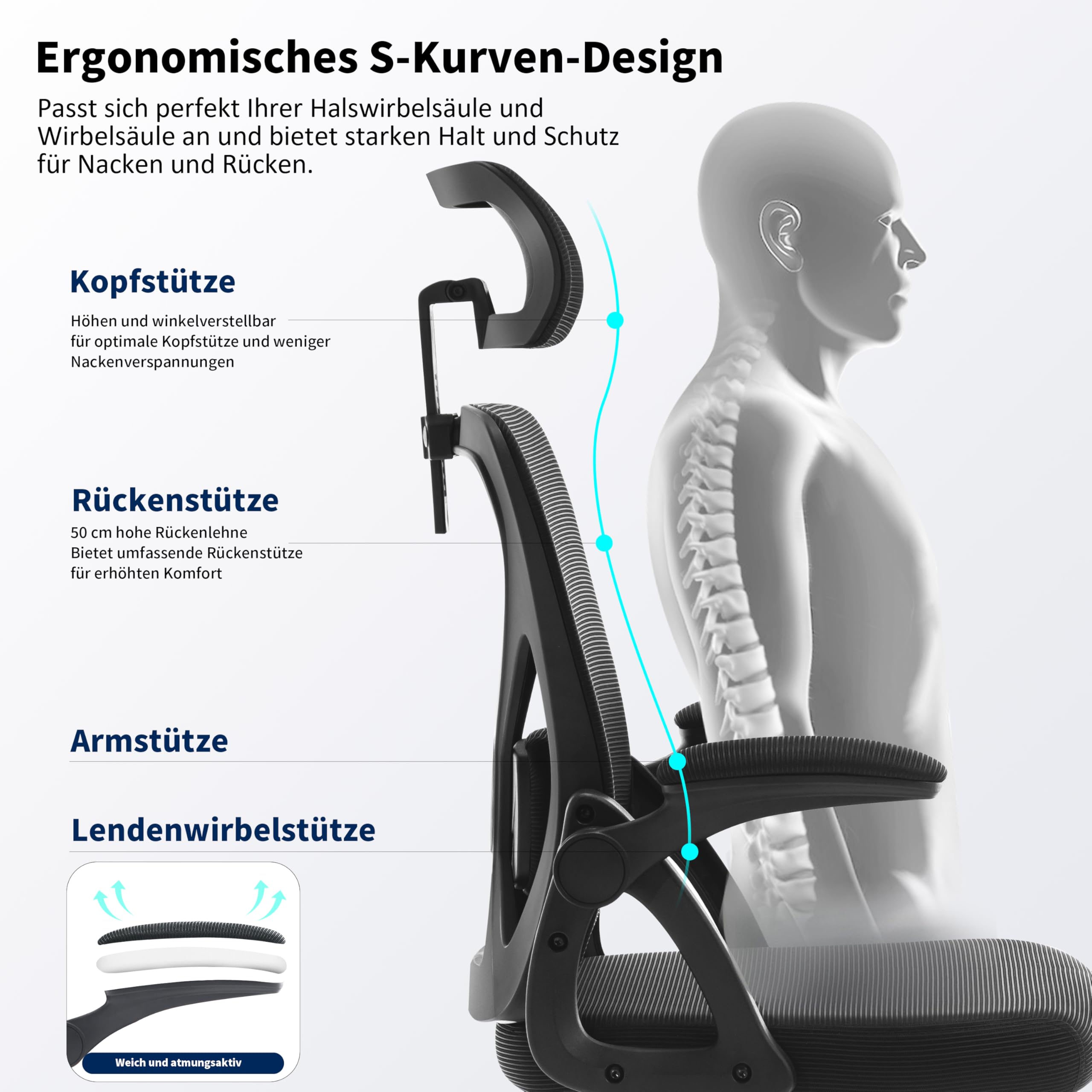 Fizzin Bürostuhl Ergonomischer Wippfunktion bis 125°,180kg | Schreibtischstuhl mit verstellbare Kopfstütze,Armlehnen & Lendenstütze Chefsessel Mesh für Büro, Gaming & Homeoffice, Schwarz