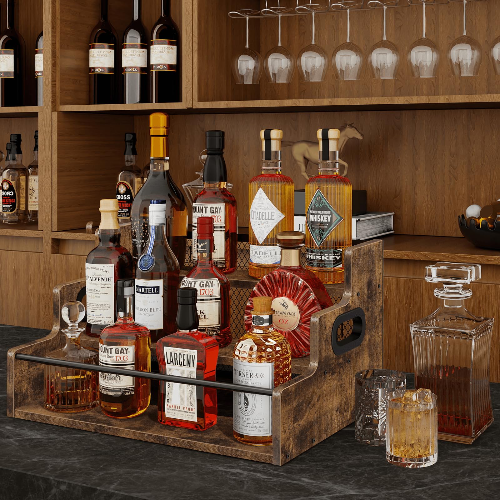 Estante de exhibición de botellas de licor, organizador de jarabe de café de 3 pasos, estante para licor de encimera, minibar, gabinete de licor, soporte de estante de bar retro para bebidas 3