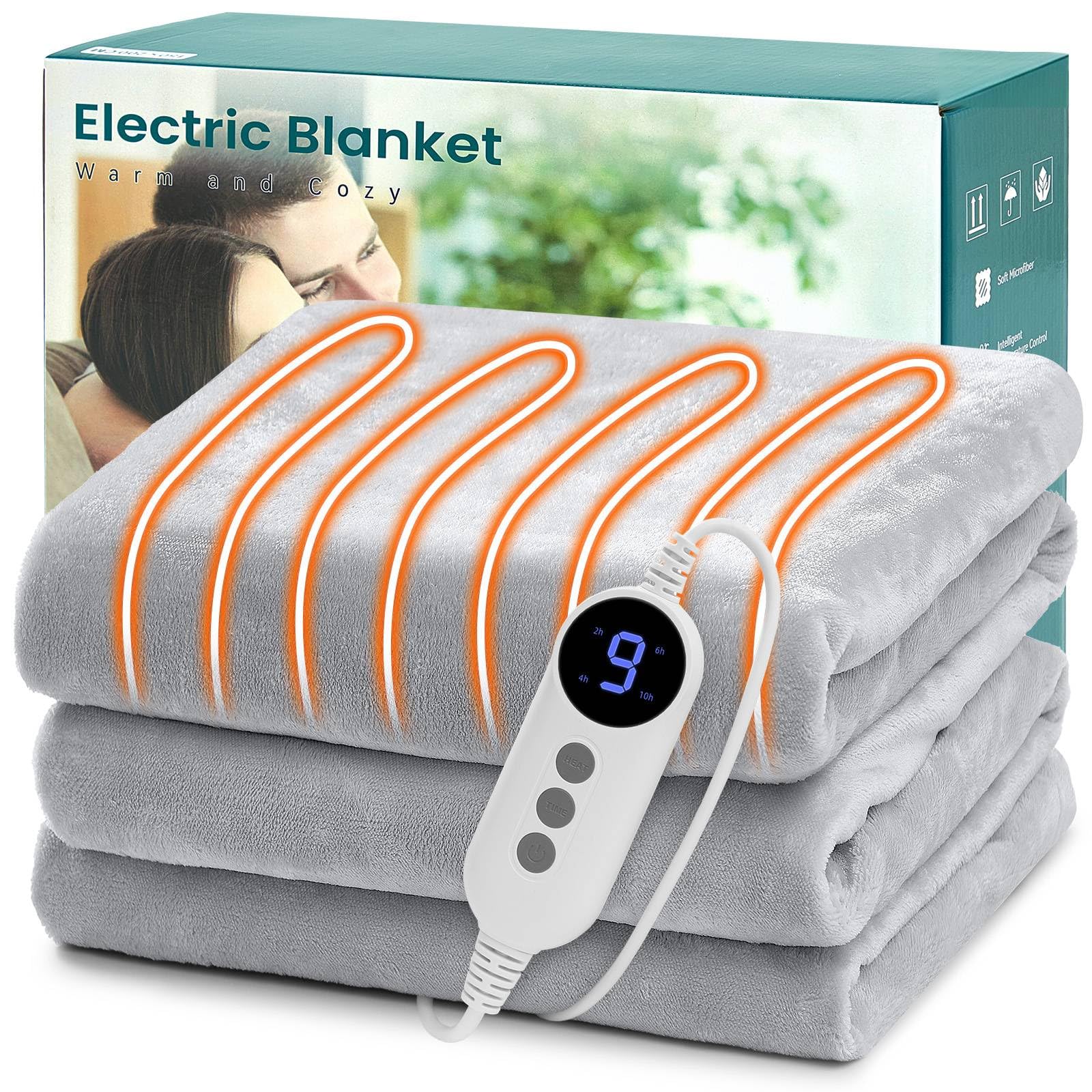 Electric Blanket Heated Throw 180x200cm 9 Heat Settings 10HR Timer, Grey