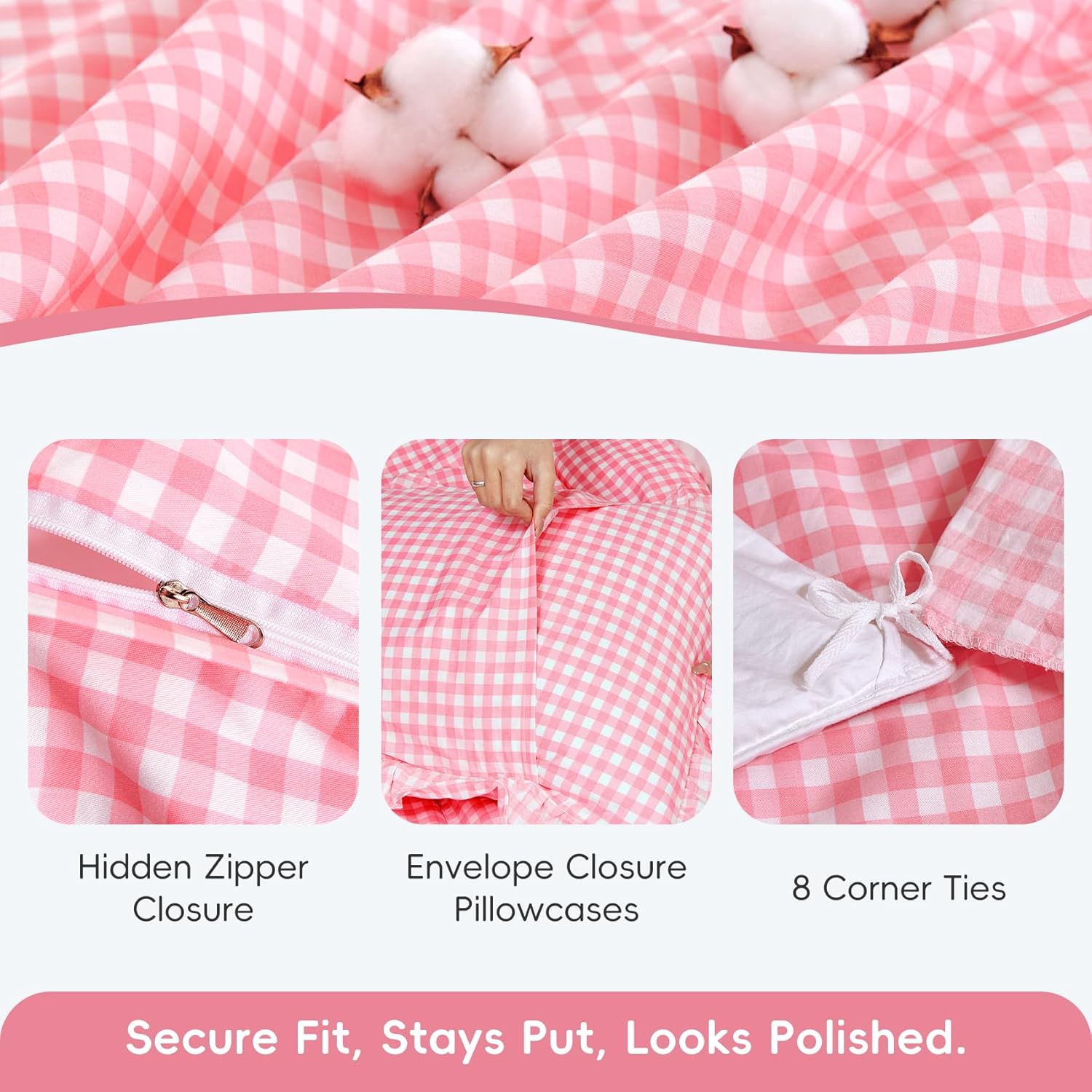 100% Cotton Gingham Duvet Cover Set Queen Size with Ruffle Trim, Washed Cotton Soft Small Checkered Grid Bedding Sets, Breathable Vintage Farmhouse Bedroom Decor 3 Pieces Pink, 90"x90"