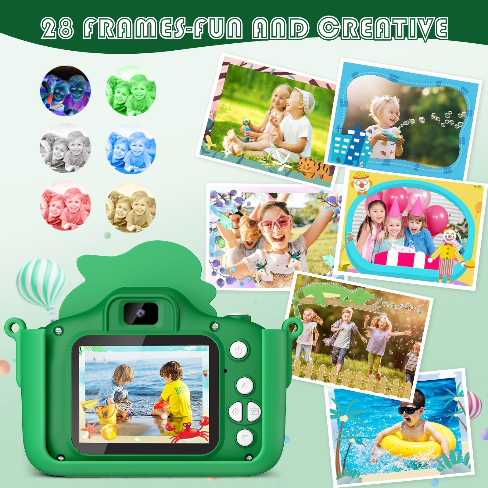 Macchina Fotografica Bambini Dinosauro, 2" 1080P Fotocamera Bambini, HD Selfie Fotocamera Per Bambini 32G, Regalo per bambino e bambina 3 4 5 6 7 8 9 10 11 12 Anni, Regali Giocattolo (Verde)