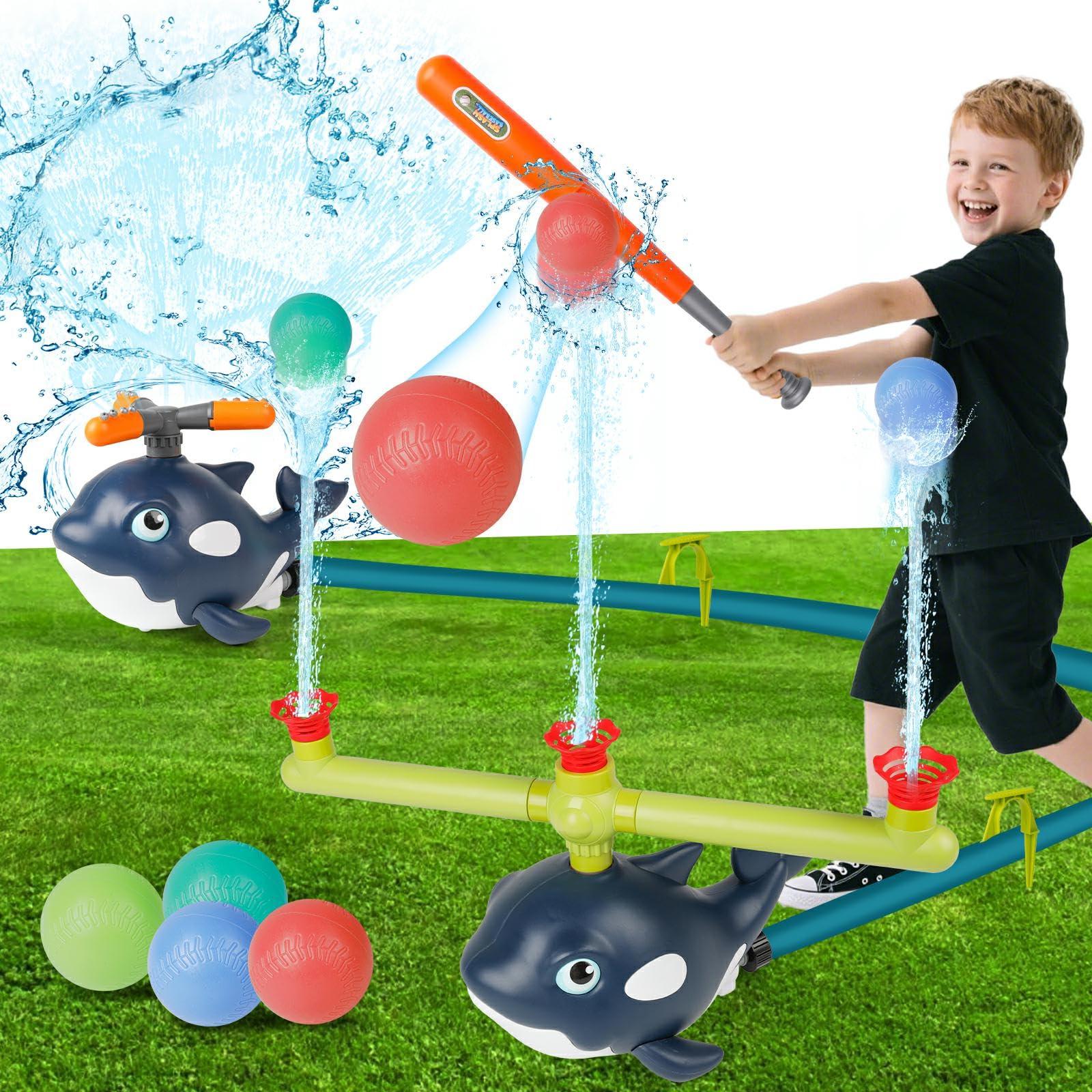 Sprinkler for Kids, 2-in-1 Whale Water Sprinkler Toddler Outdoor Toys Summer Water Toy with 3 Jets 4 Baseballs 360° Rotating Water Sprayer, Backyard Lawn Pool Party Fun for Boys Girls in Summer