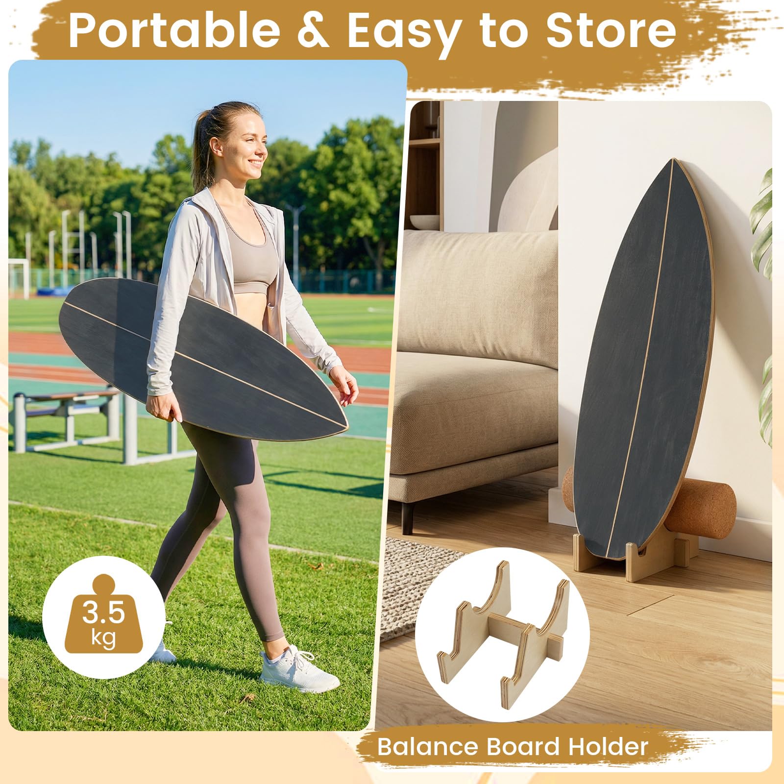 GYMAX Tavola per Equilibrio in Legno con Rullo in Sughero e Supporto di Stoccaggio, Balance Board a Forma di Foglia per Allenamento Surf, Skateboard e Snowboard per Adulto e Bambini