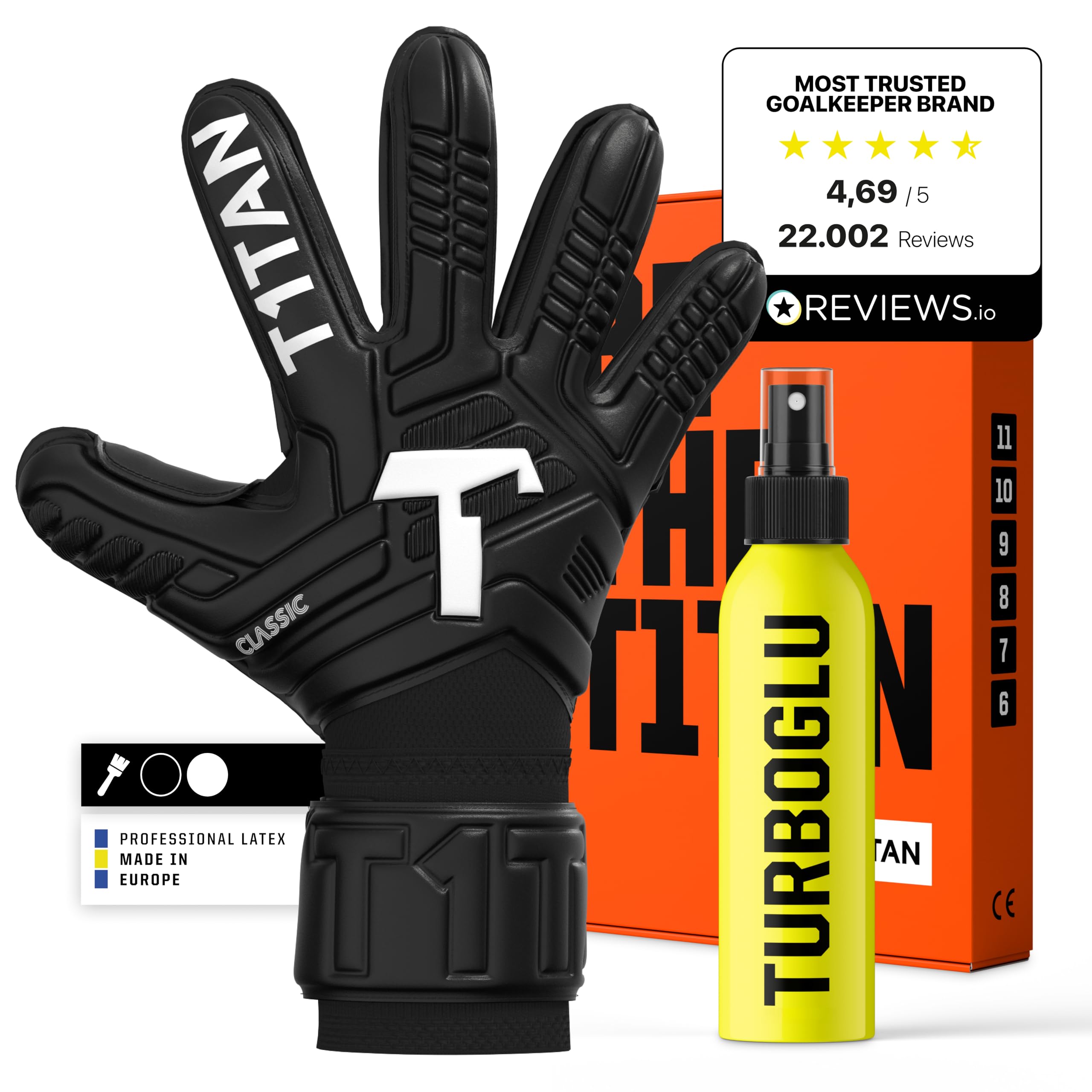 T1TAN Classic 1.0 Black-Out + Turbogrip & Turboglu - Gants de Gardien de But, avec nettoyant pour Gants et Grip Booster - sans Protection pour Les Doigts - Taille