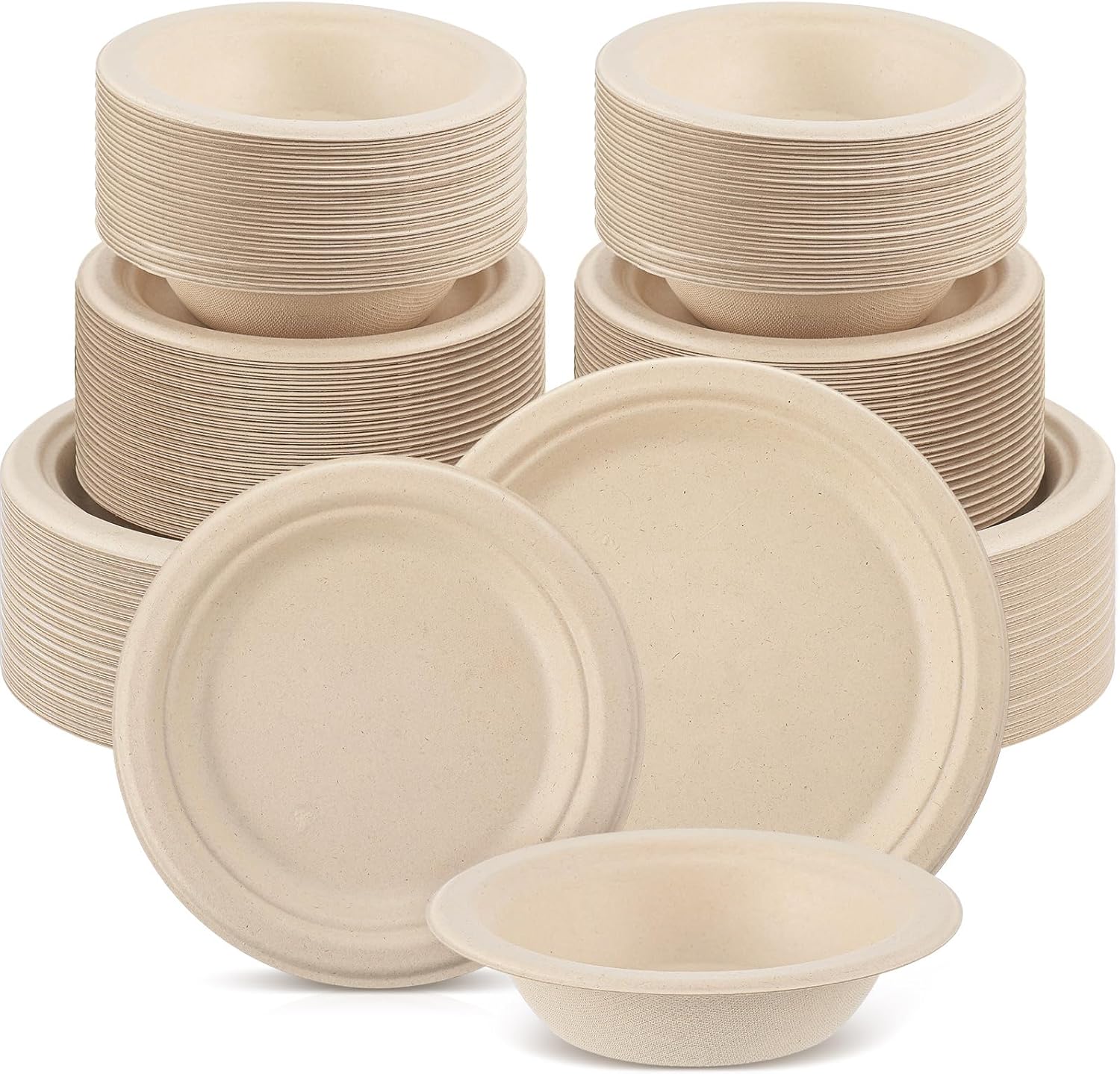 Havawish 300 Pcs Compostable Paper Plates and Bowls Set 7 Inch 9 Inch Disposable Plate 12oz Biodegradable Bowls for Party Dinner Bulk Party Supplies (Wood)