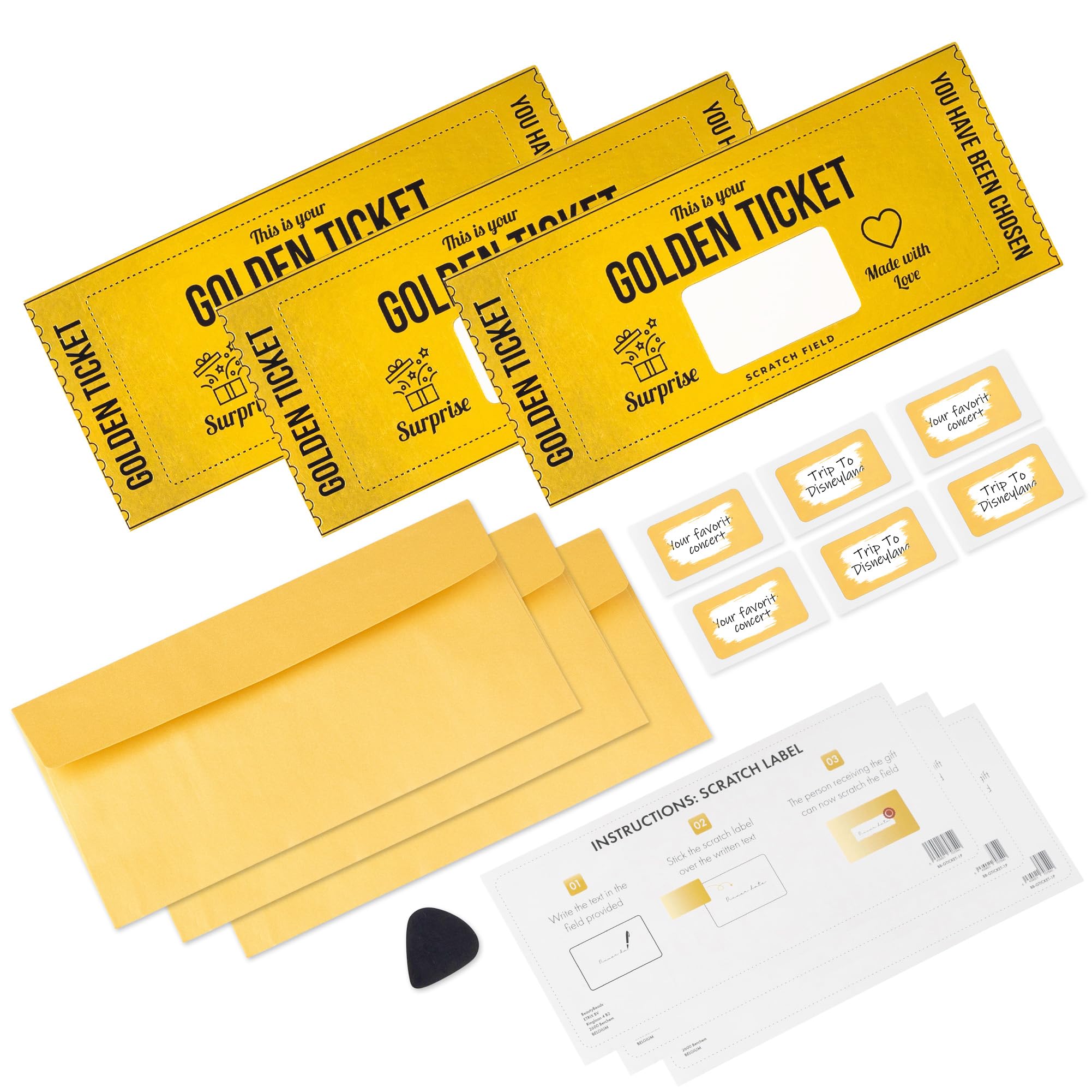 Deluxe Scratchable Golden Ticket Set: Premium Personalized Scratch Off Tickets with Elegant Envelopes & Custom Scraper - Perfect for Surprises, Anniversaries, Birthdays & Special Events (Set of 3)