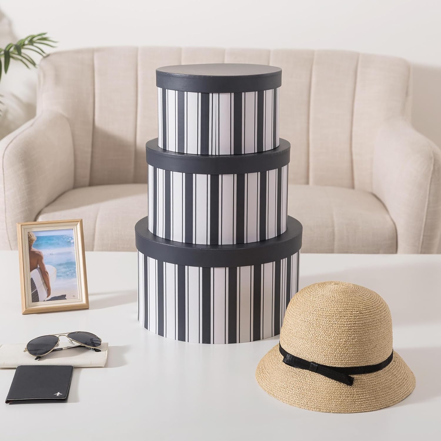 Soul & Lane Cardboard Hat Boxes with Lids – Set of 3, Round Storage Boxes for Hats, Photo Keepsakes & Gifts, Sturdy Paperboard Organizer for Home Décor, Navy Heritage Stripe