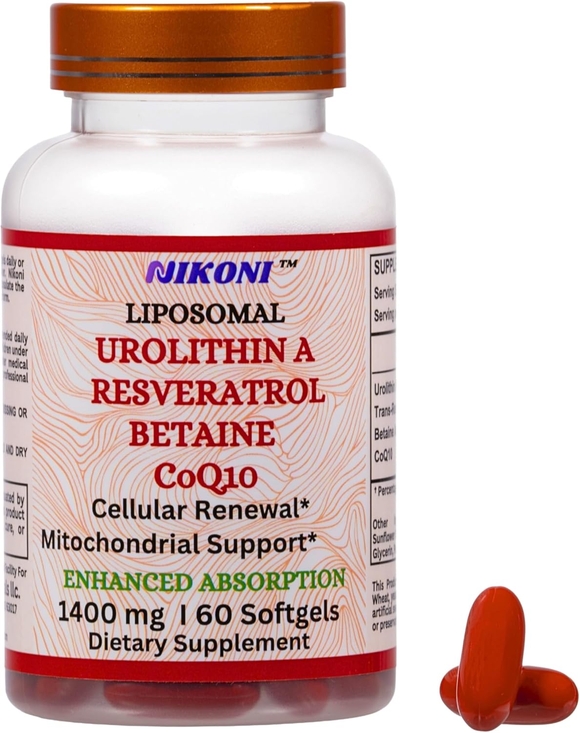 Nikoni Liposomal Urolithin-A Supplement 1400mg Supports Healthy Aging, Cellular Renewal, & Muscle Health- 60 Softgels