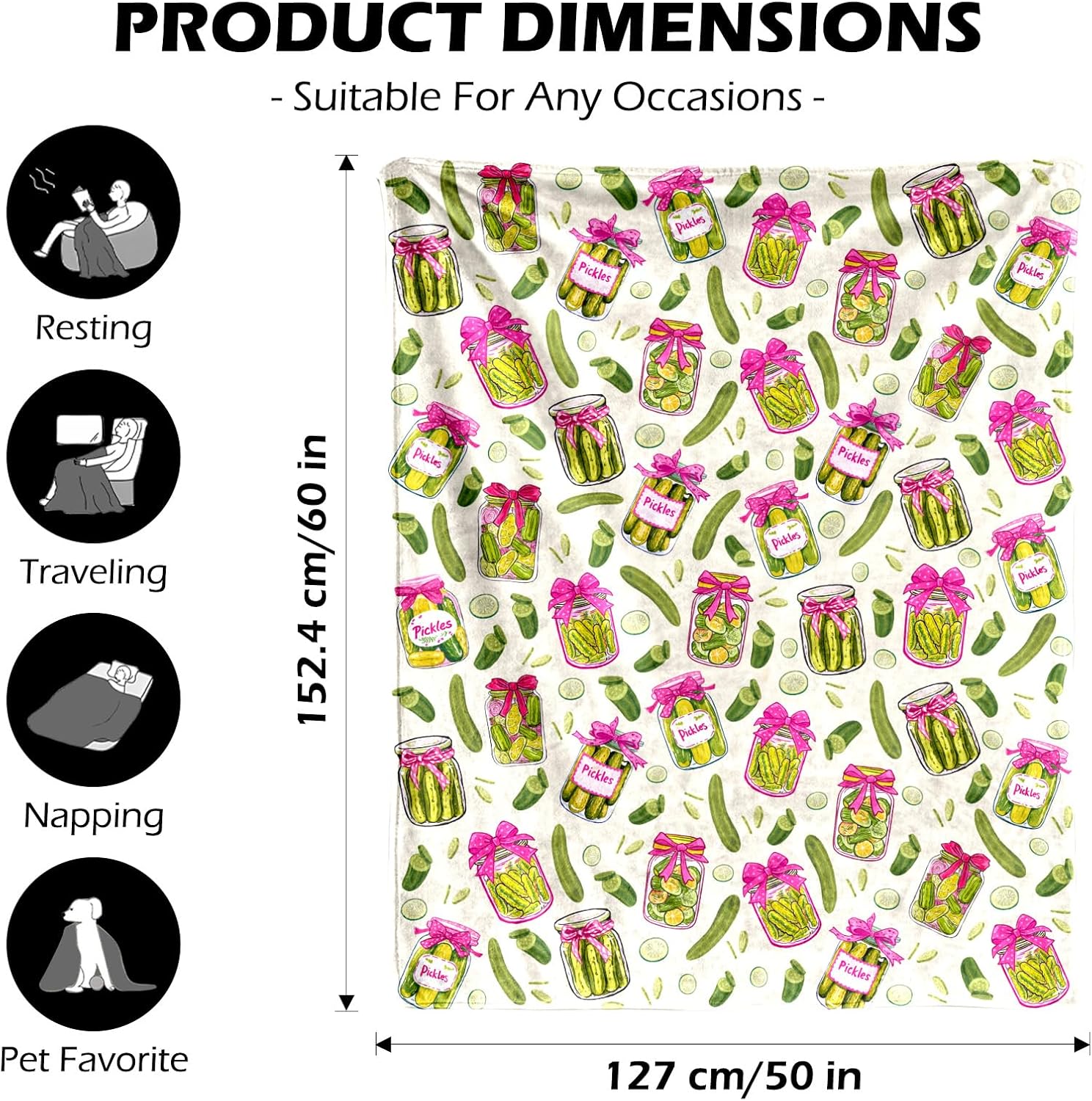 Pickle Gifts Blanket - 50 x 60 Inch Cozy Blankets Pickled Cucumber Throw Blanket for Girls, Soft Flannel Blankets for Bed Couch, Kimchi Sofa Stuff Decor for Women, Gift for Pickles Lover - Image 2