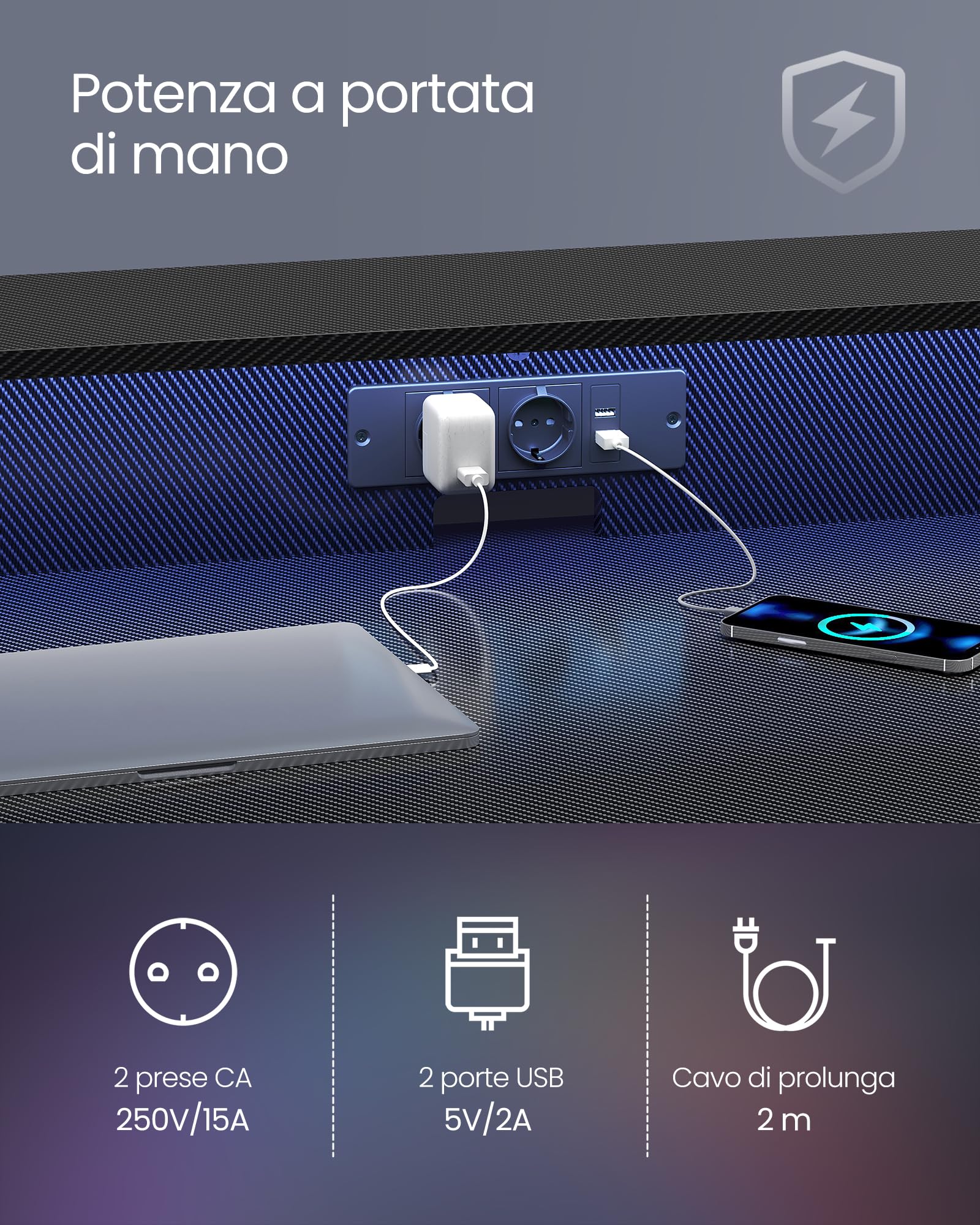 VASAGLE Scrivania da Gaming con Luci LED e Prese di Corrente, Scrivania da Computer, Supporto per Monitor, Tavolo per 2 Monitor, Ufficio, Camera da Letto, 60 x 100 x 76 cm, Nero Carbone LWD191B02